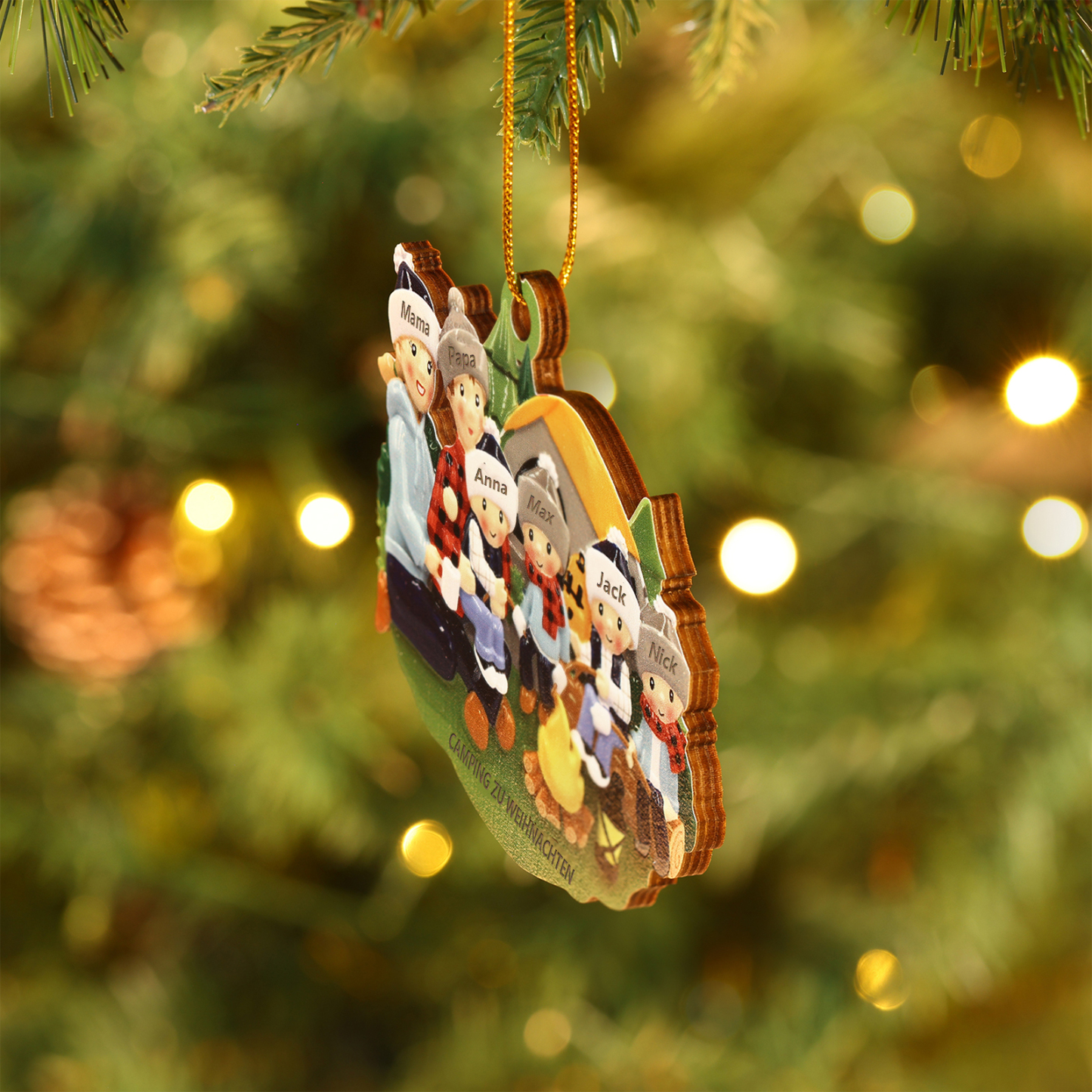 Personalisierter Text & 2-6 Namen Weihnachtsornament – Camping Weihnachtsbaum Holz-Anhänger für Familie