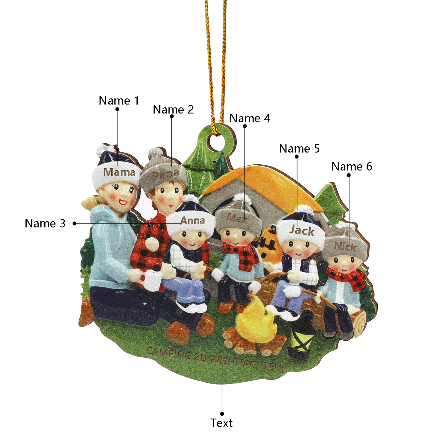Personalisierter Text & 2-6 Namen Weihnachtsornament – Camping Weihnachtsbaum Holz-Anhänger für Familie