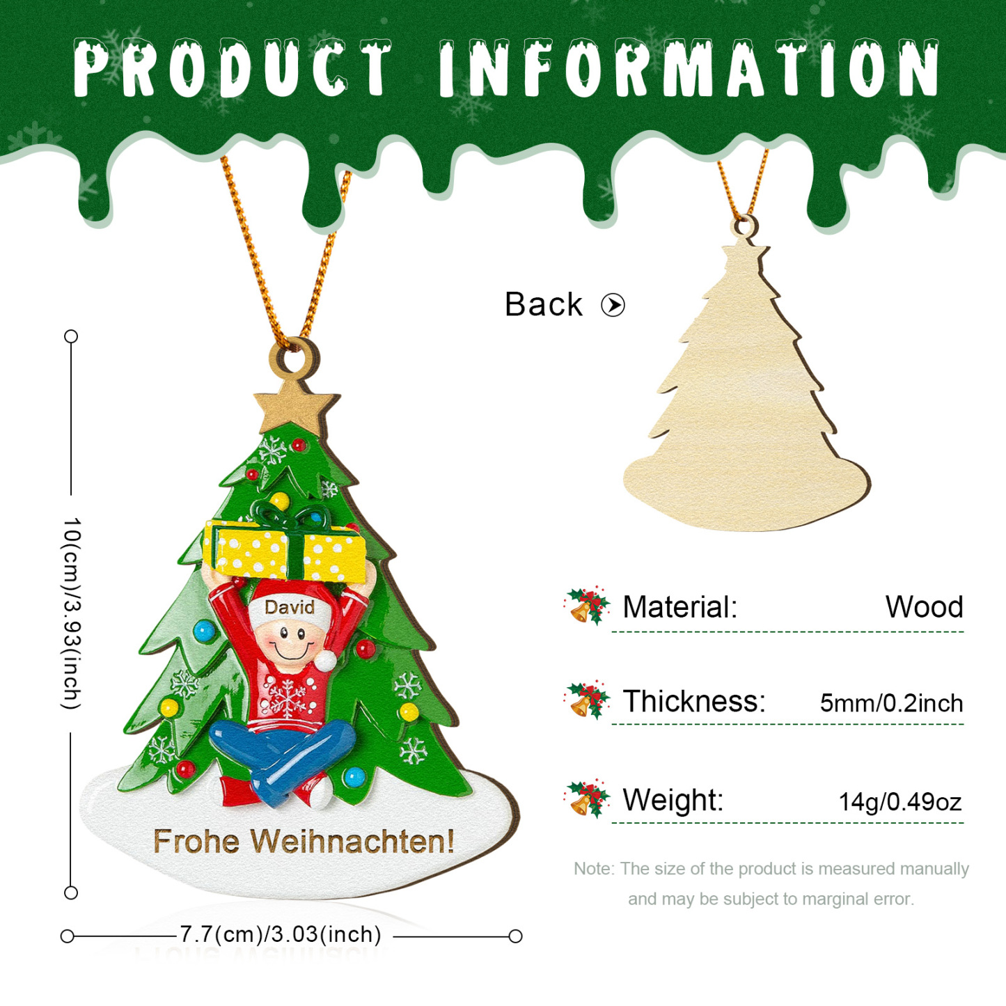 Holz Personalisierter Text & 1-4 Namen Familien-Weihnachtsornament – Festlicher Weihnachtsbaumanhänger für Familie