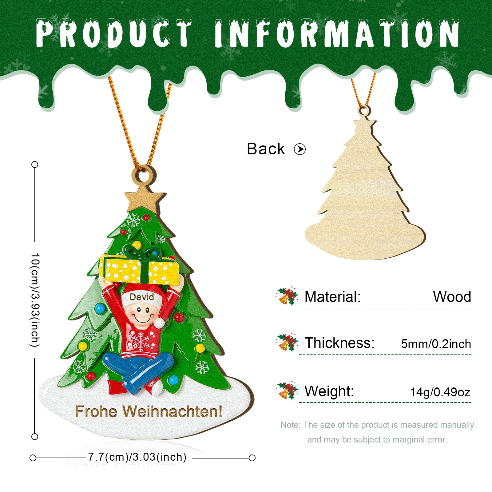 Holz Personalisierter Text & 1-4 Namen Familien-Weihnachtsornament – Festlicher Weihnachtsbaumanhänger für Familie
