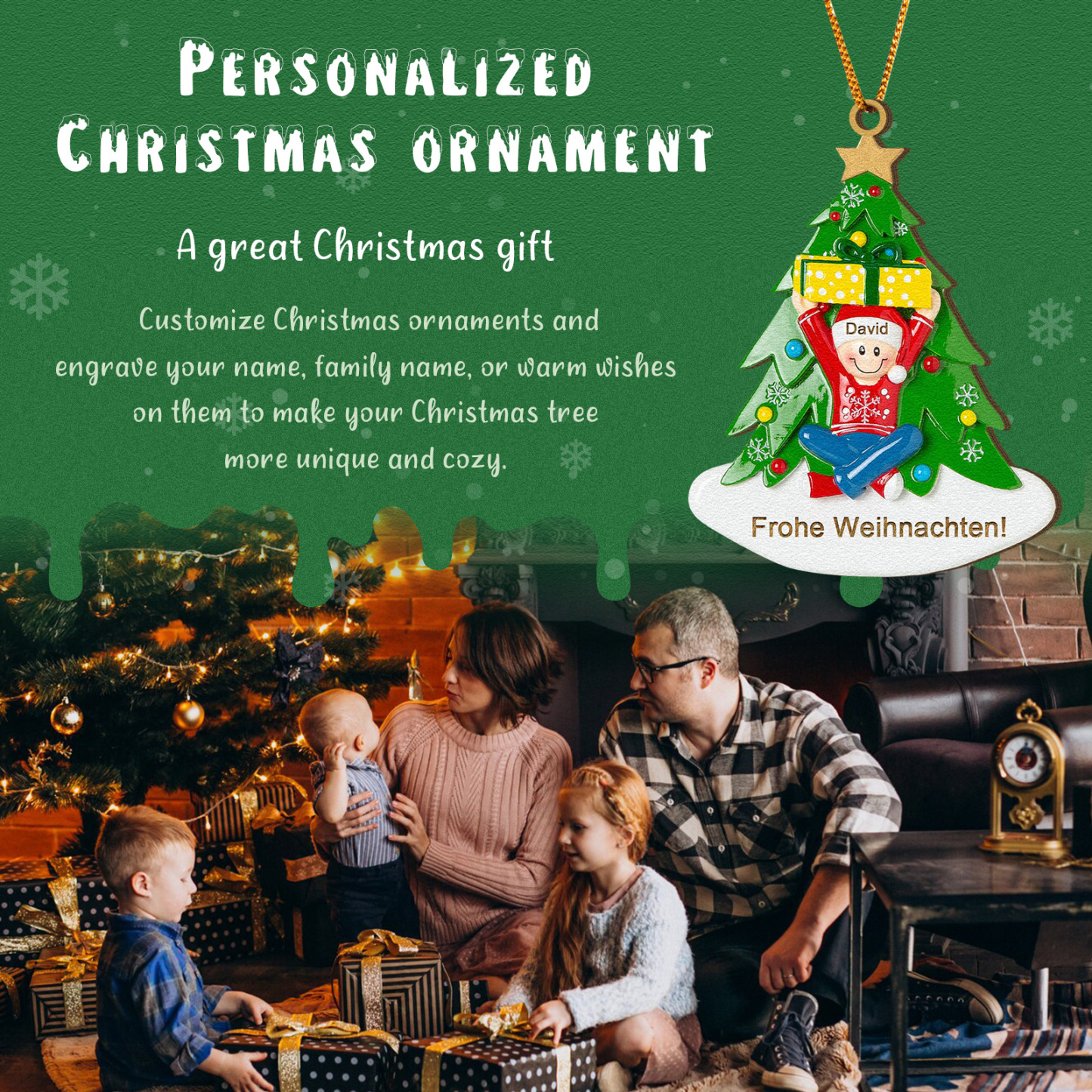Holz Personalisierter Text & 1-4 Namen Familien-Weihnachtsornament – Festlicher Weihnachtsbaumanhänger für Familie