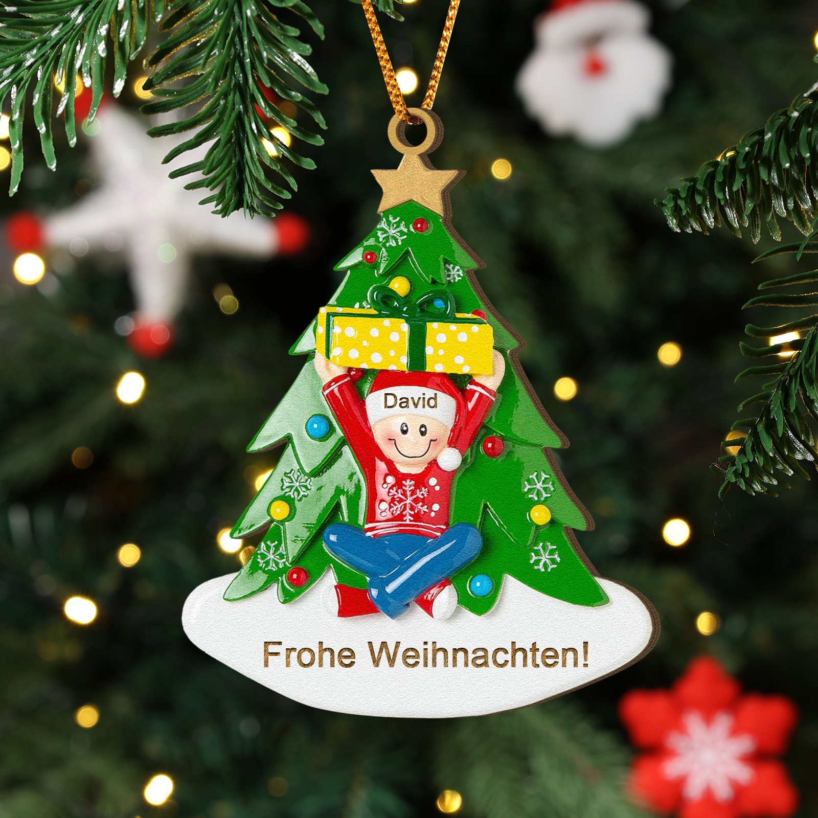 Holz Personalisierter Text & 1-4 Namen Familien-Weihnachtsornament – Festlicher Weihnachtsbaumanhänger für Familie