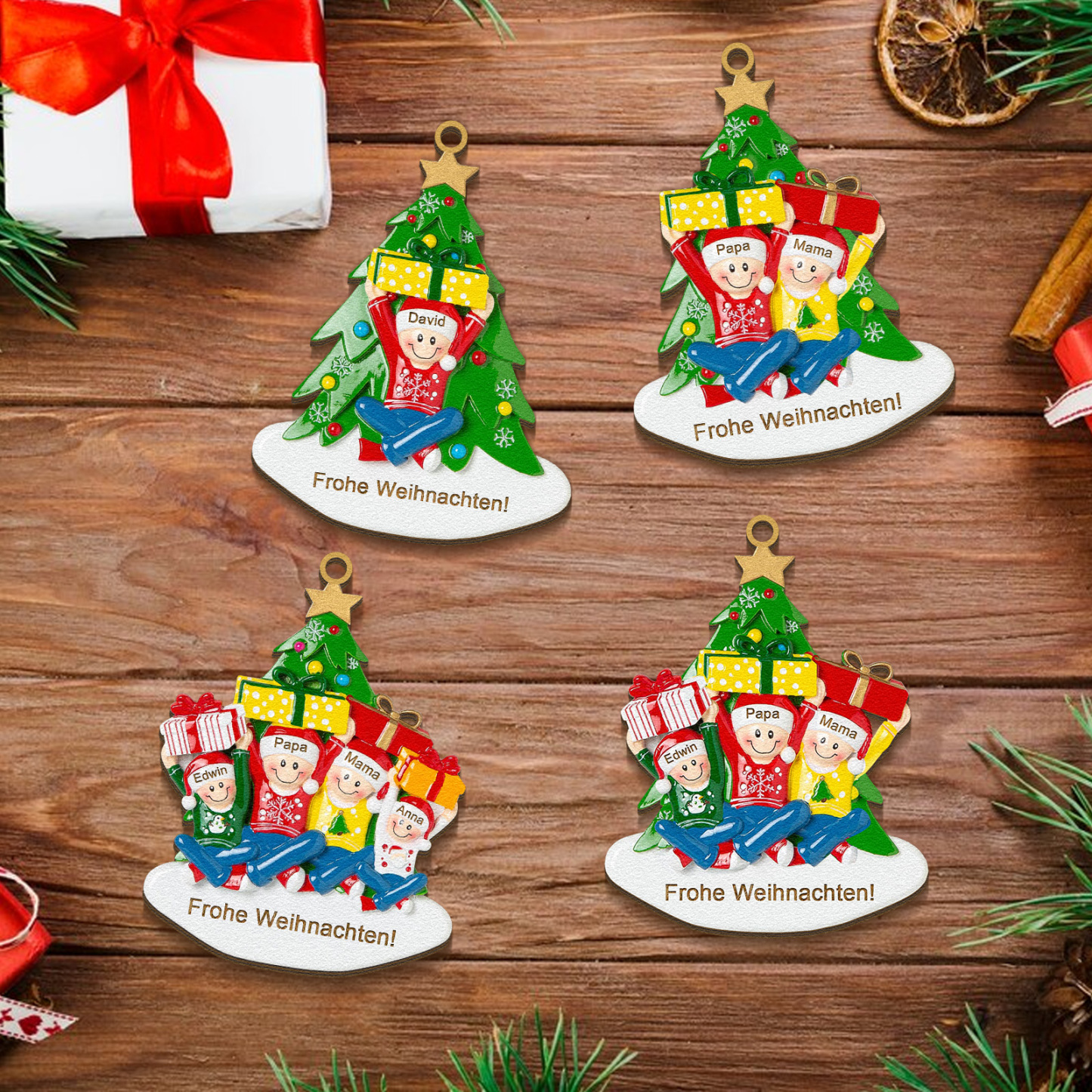 Holz Personalisierter Text & 1-4 Namen Familien-Weihnachtsornament – Festlicher Weihnachtsbaumanhänger für Familie