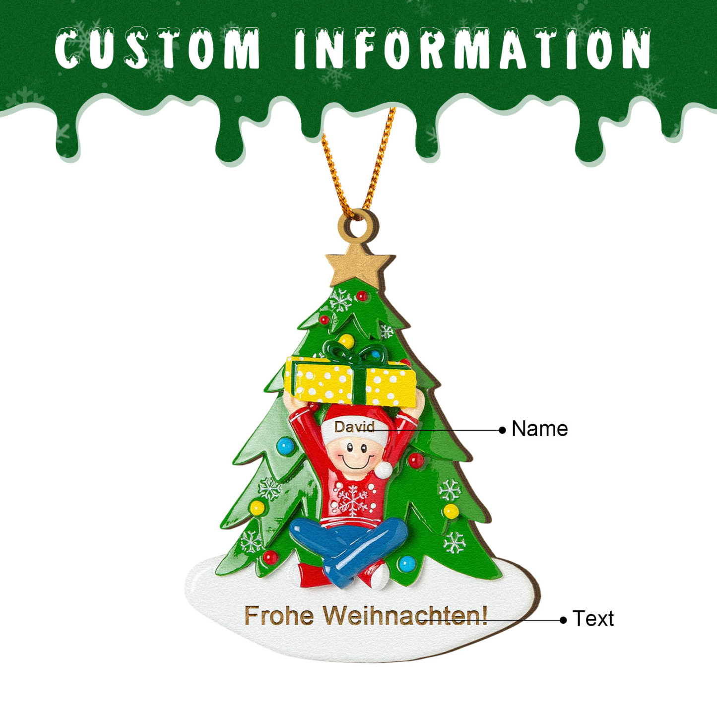 Holz Personalisierter Text & 1-4 Namen Familien-Weihnachtsornament – Festlicher Weihnachtsbaumanhänger für Familie
