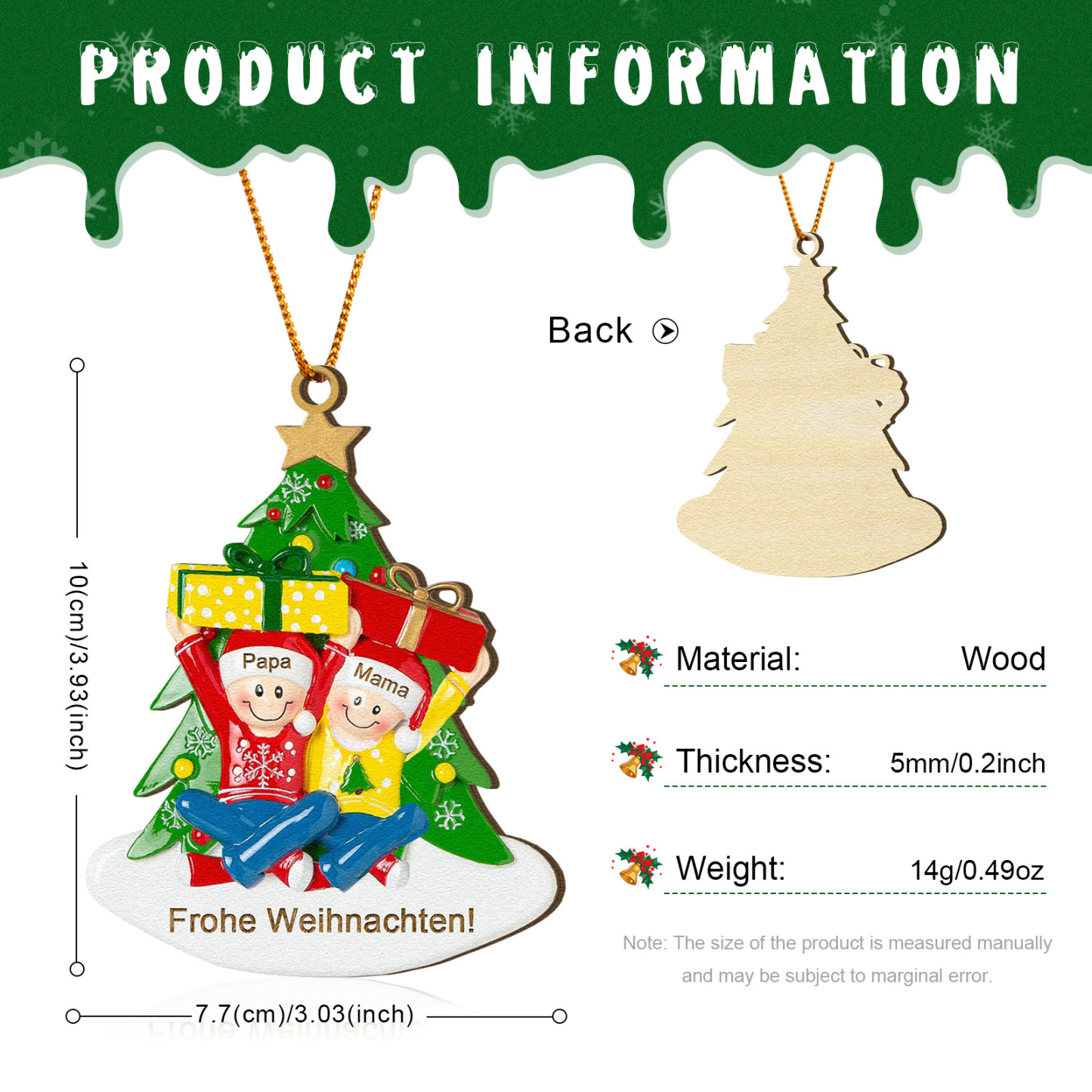 Holz Personalisierter Text & 1-4 Namen Familien-Weihnachtsornament – Festlicher Weihnachtsbaumanhänger für Familie