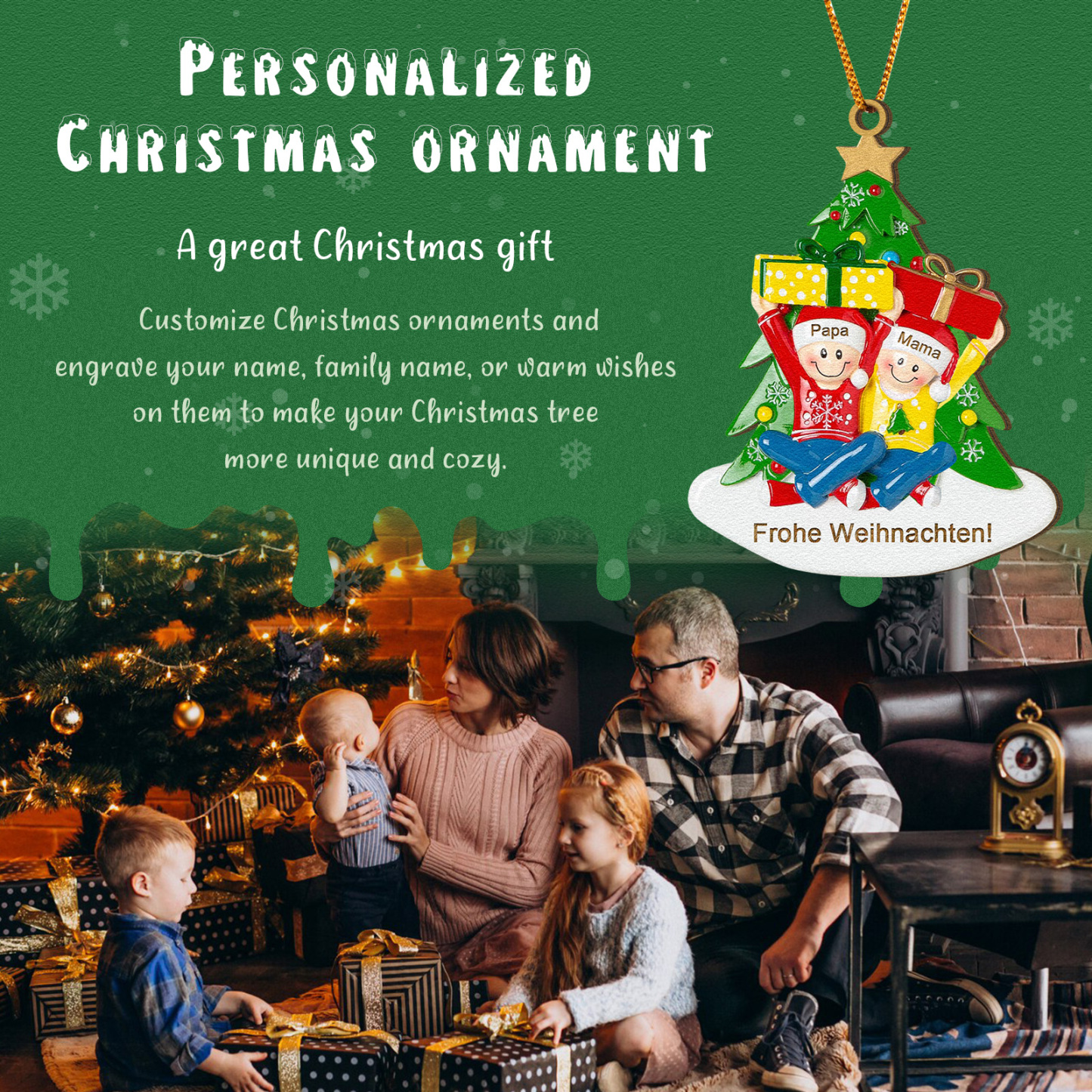Holz Personalisierter Text & 1-4 Namen Familien-Weihnachtsornament – Festlicher Weihnachtsbaumanhänger für Familie