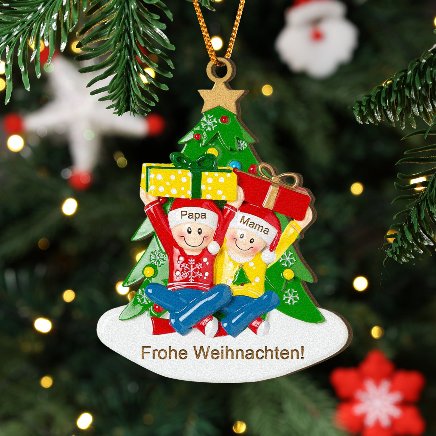 Holz Personalisierter Text & 1-4 Namen Familien-Weihnachtsornament – Festlicher Weihnachtsbaumanhänger für Familie
