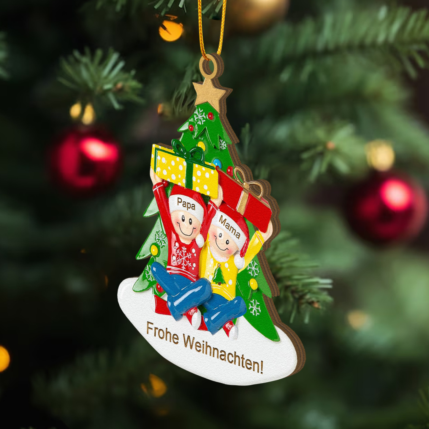 Holz Personalisierter Text & 1-4 Namen Familien-Weihnachtsornament – Festlicher Weihnachtsbaumanhänger für Familie