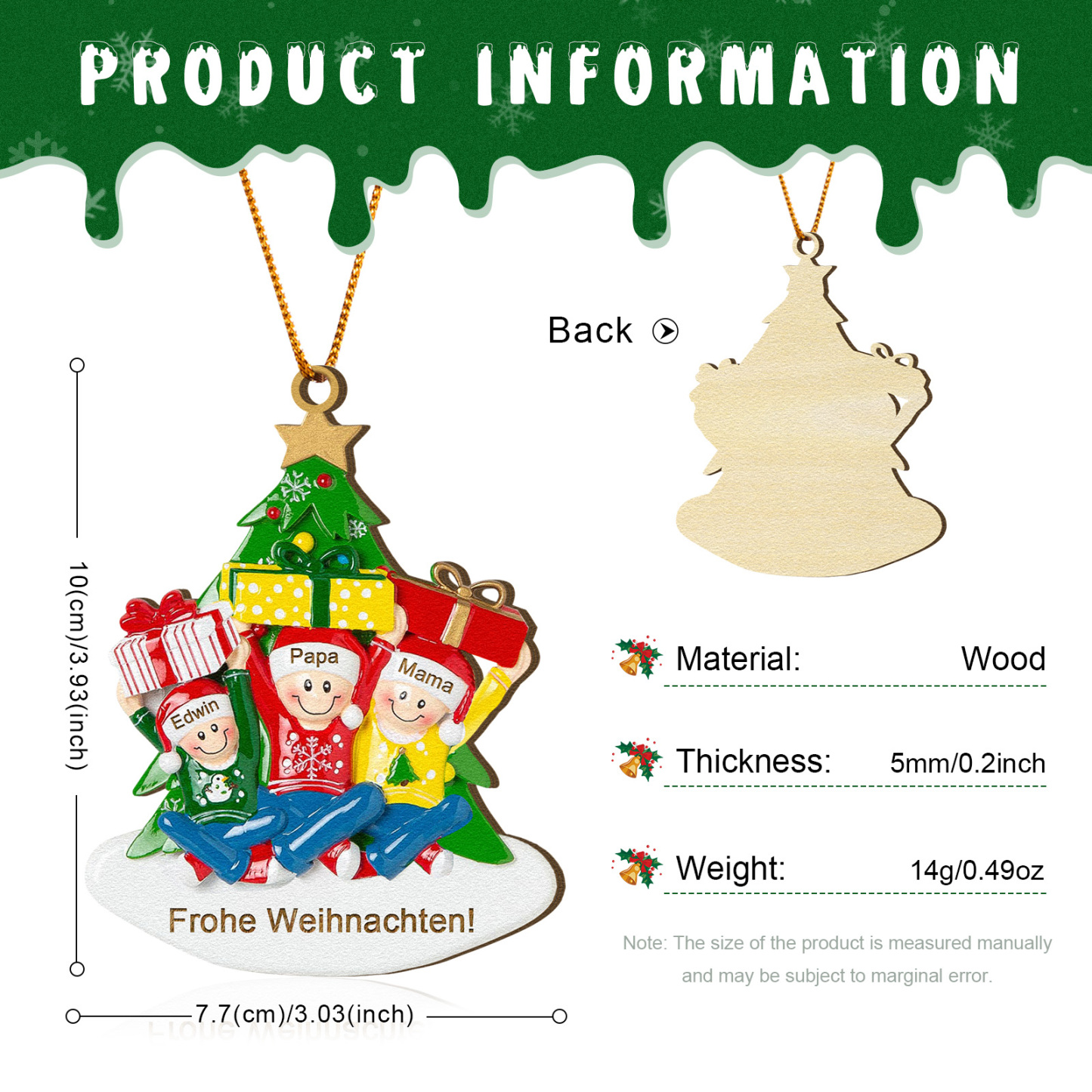 Holz Personalisierter Text & 1-4 Namen Familien-Weihnachtsornament – Festlicher Weihnachtsbaumanhänger für Familie