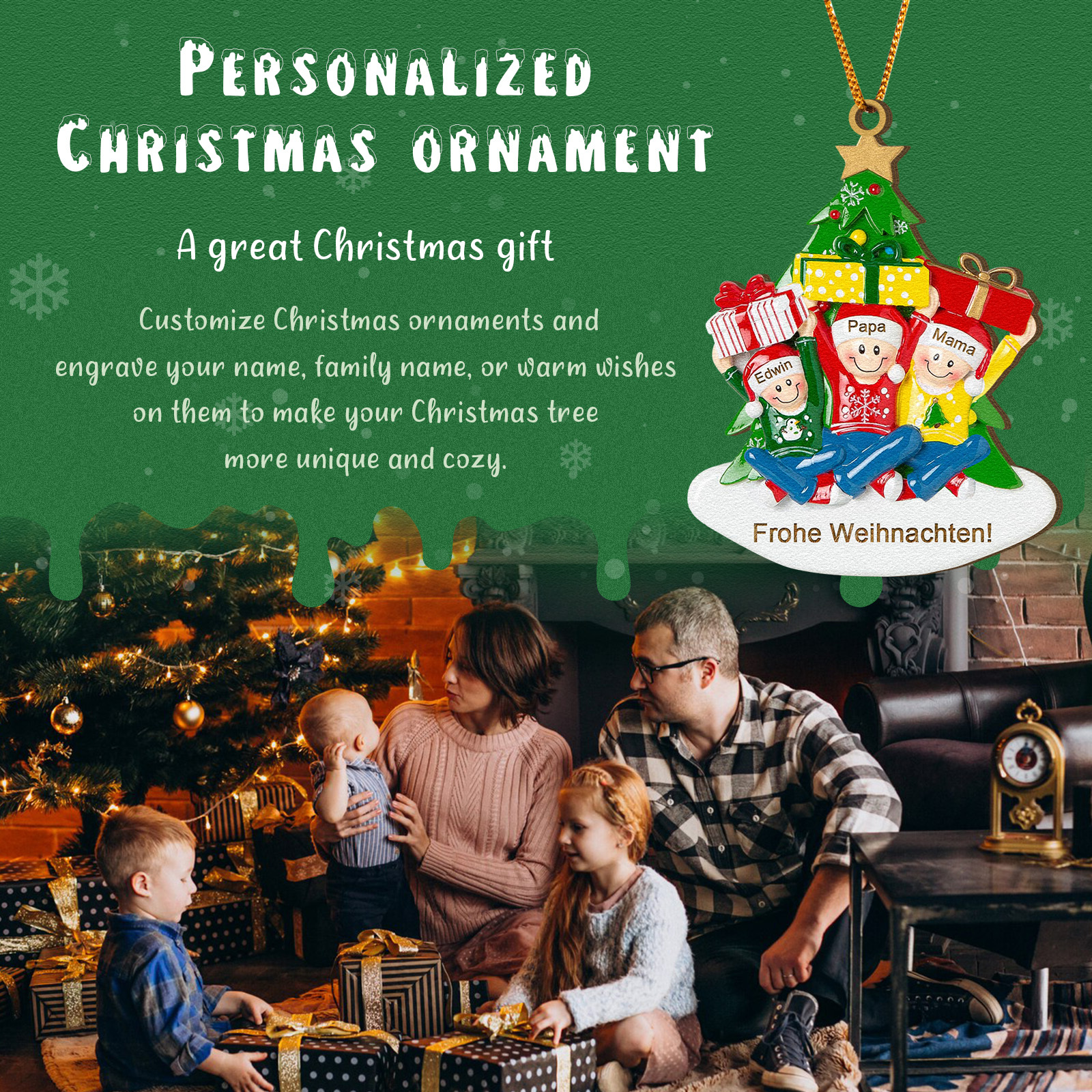 Holz Personalisierter Text & 1-4 Namen Familien-Weihnachtsornament – Festlicher Weihnachtsbaumanhänger für Familie