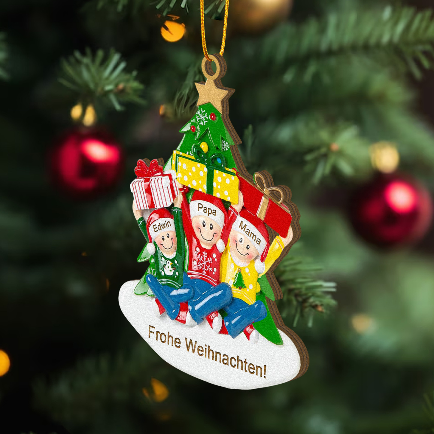 Holz Personalisierter Text & 1-4 Namen Familien-Weihnachtsornament – Festlicher Weihnachtsbaumanhänger für Familie