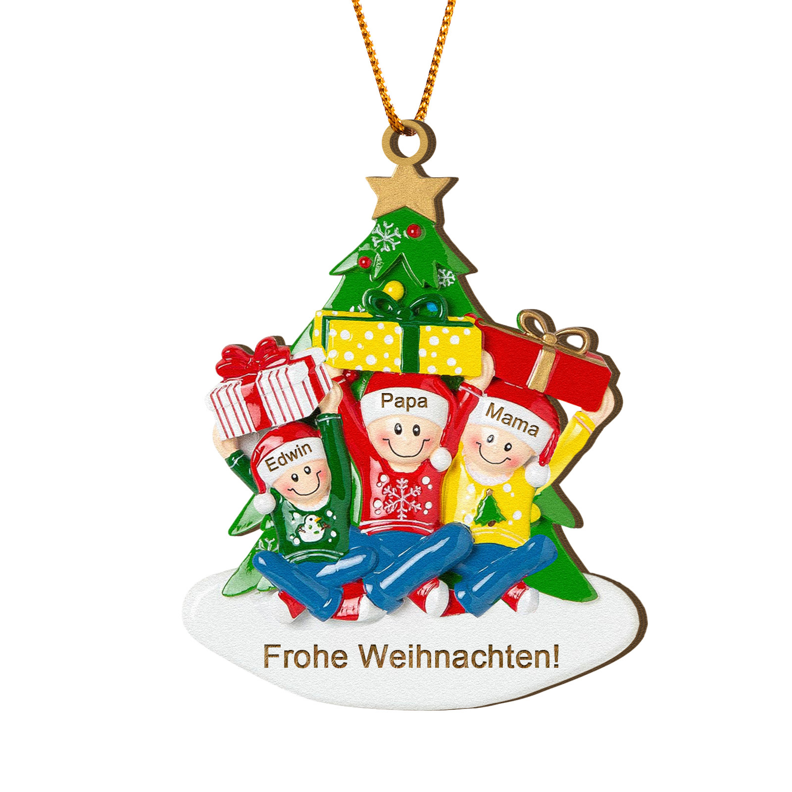 Holz Personalisierter Text & 1-4 Namen Familien-Weihnachtsornament – Festlicher Weihnachtsbaumanhänger für Familie