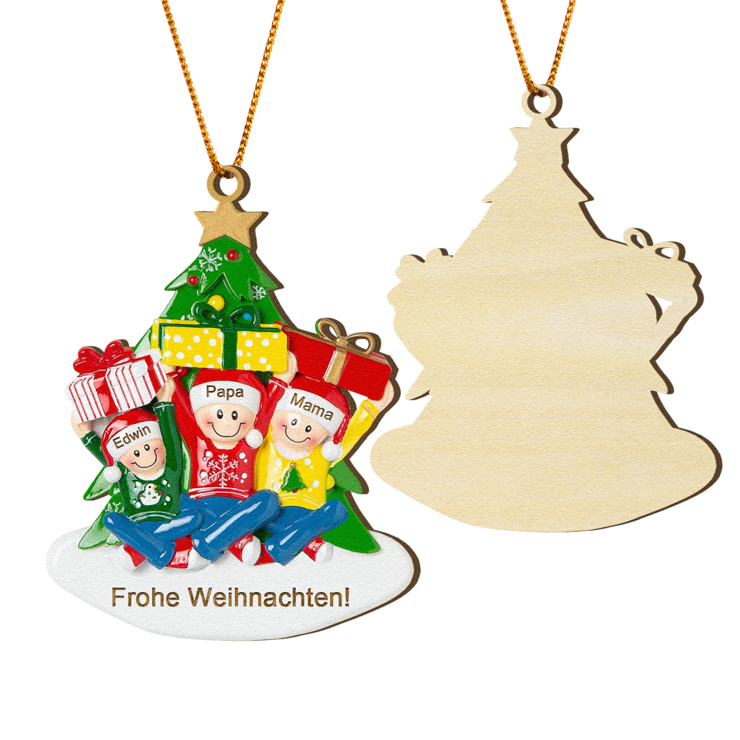 Holz Personalisierter Text & 1-4 Namen Familien-Weihnachtsornament – Festlicher Weihnachtsbaumanhänger für Familie