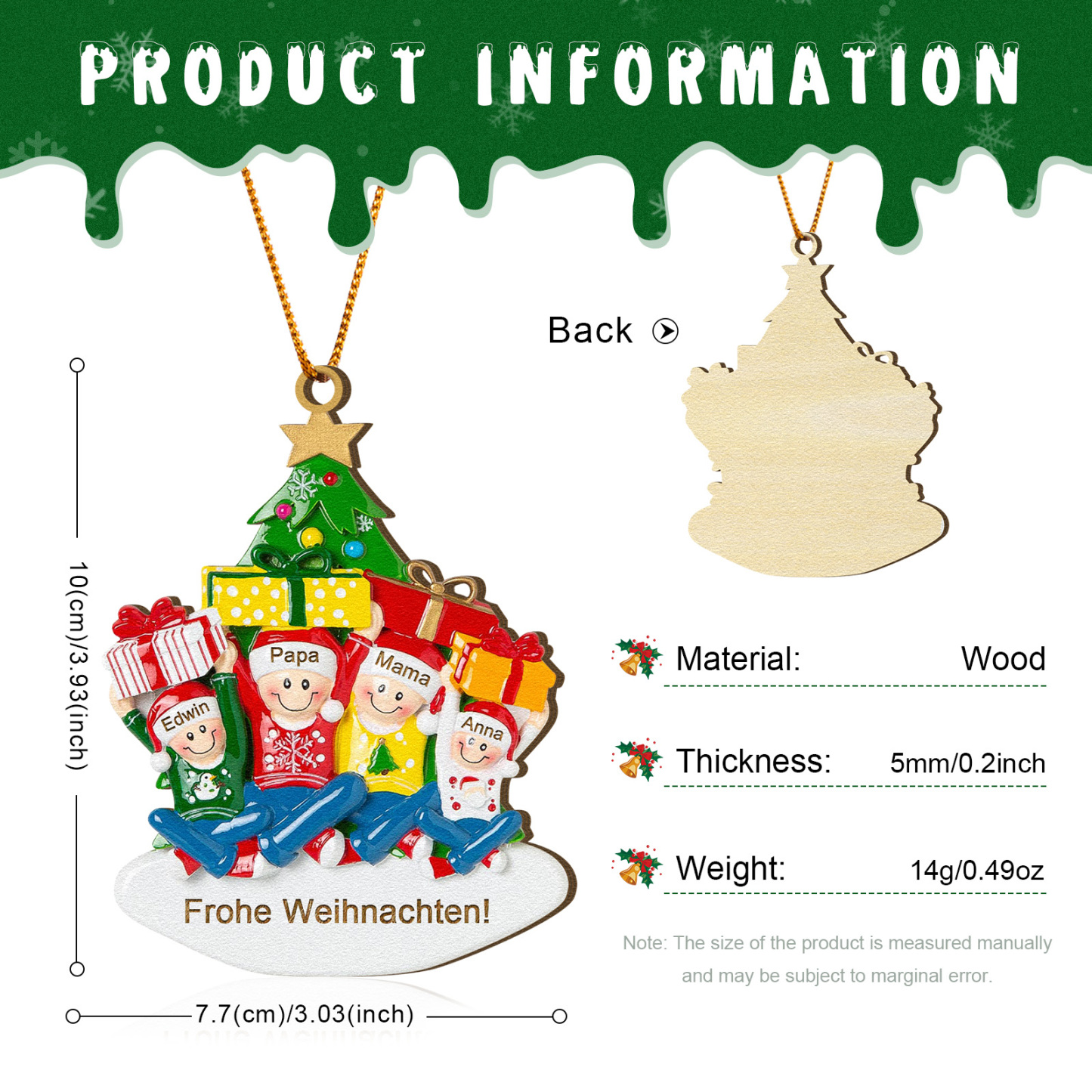 Holz Personalisierter Text & 1-4 Namen Familien-Weihnachtsornament – Festlicher Weihnachtsbaumanhänger für Familie