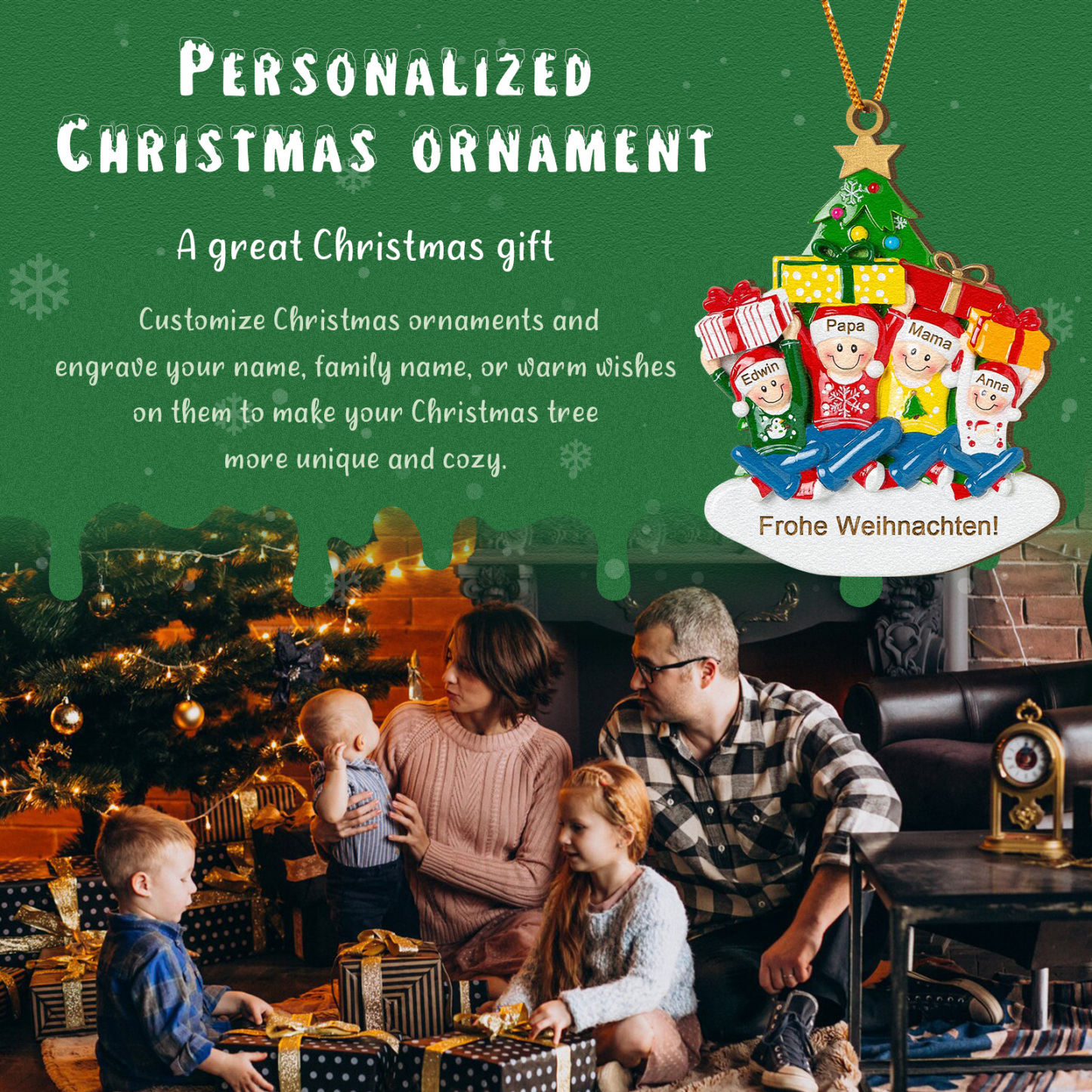 Holz Personalisierter Text & 1-4 Namen Familien-Weihnachtsornament – Festlicher Weihnachtsbaumanhänger für Familie