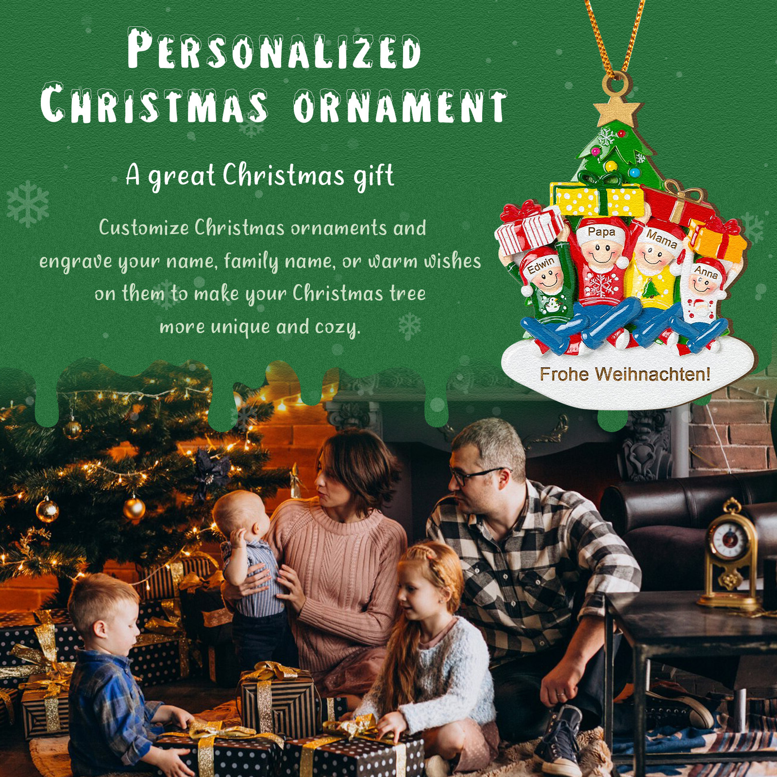 Holz Personalisierter Text & 1-4 Namen Familien-Weihnachtsornament – Festlicher Weihnachtsbaumanhänger für Familie