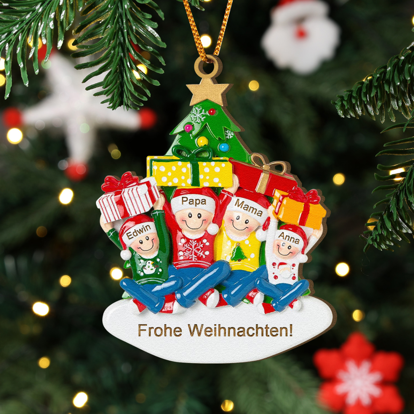 Holz Personalisierter Text & 1-4 Namen Familien-Weihnachtsornament – Festlicher Weihnachtsbaumanhänger für Familie