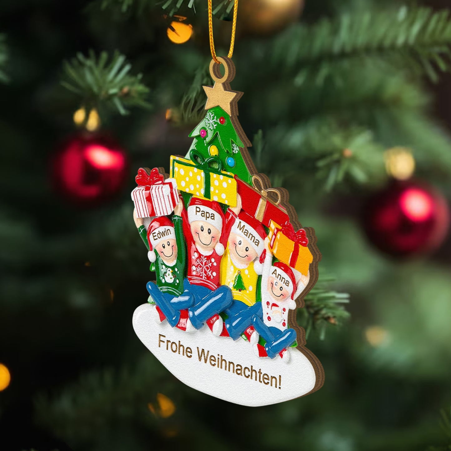 Holz Personalisierter Text & 1-4 Namen Familien-Weihnachtsornament – Festlicher Weihnachtsbaumanhänger für Familie