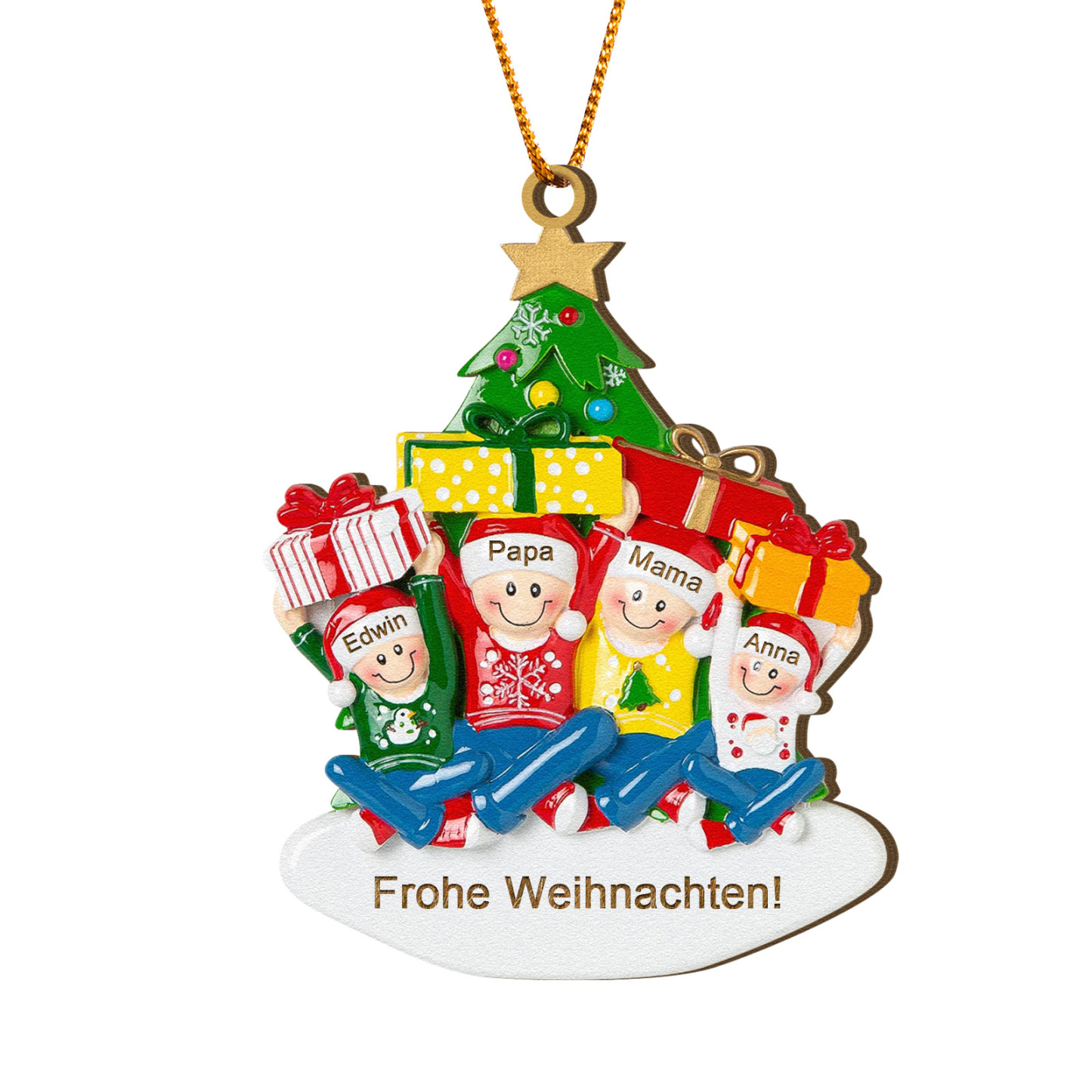 Holz Personalisierter Text & 1-4 Namen Familien-Weihnachtsornament – Festlicher Weihnachtsbaumanhänger für Familie
