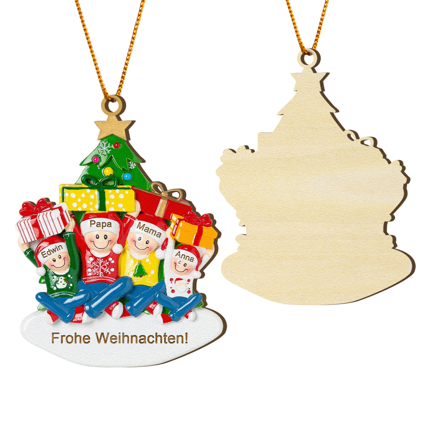 Holz Personalisierter Text & 1-4 Namen Familien-Weihnachtsornament – Festlicher Weihnachtsbaumanhänger für Familie