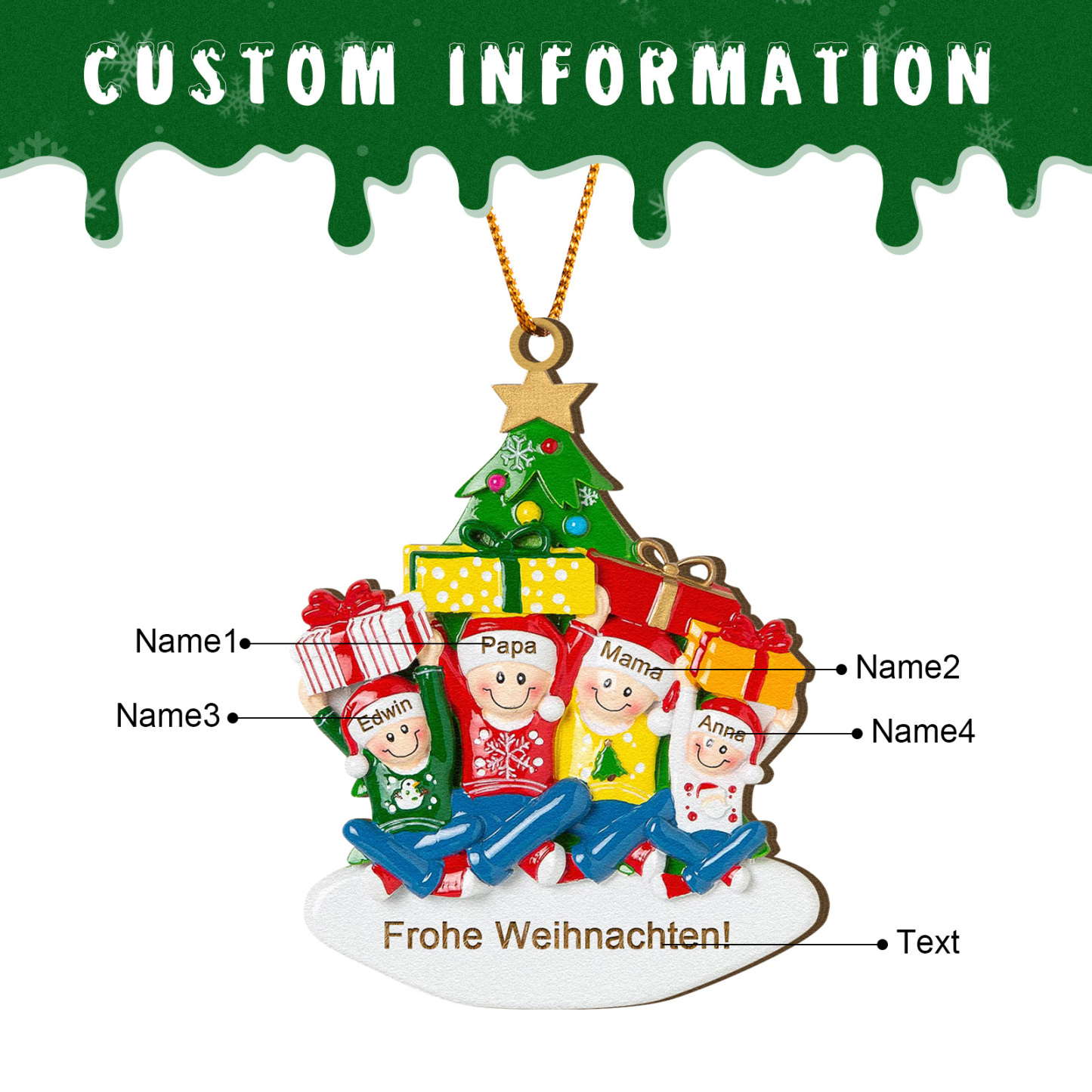 Holz Personalisierter Text & 1-4 Namen Familien-Weihnachtsornament – Festlicher Weihnachtsbaumanhänger für Familie