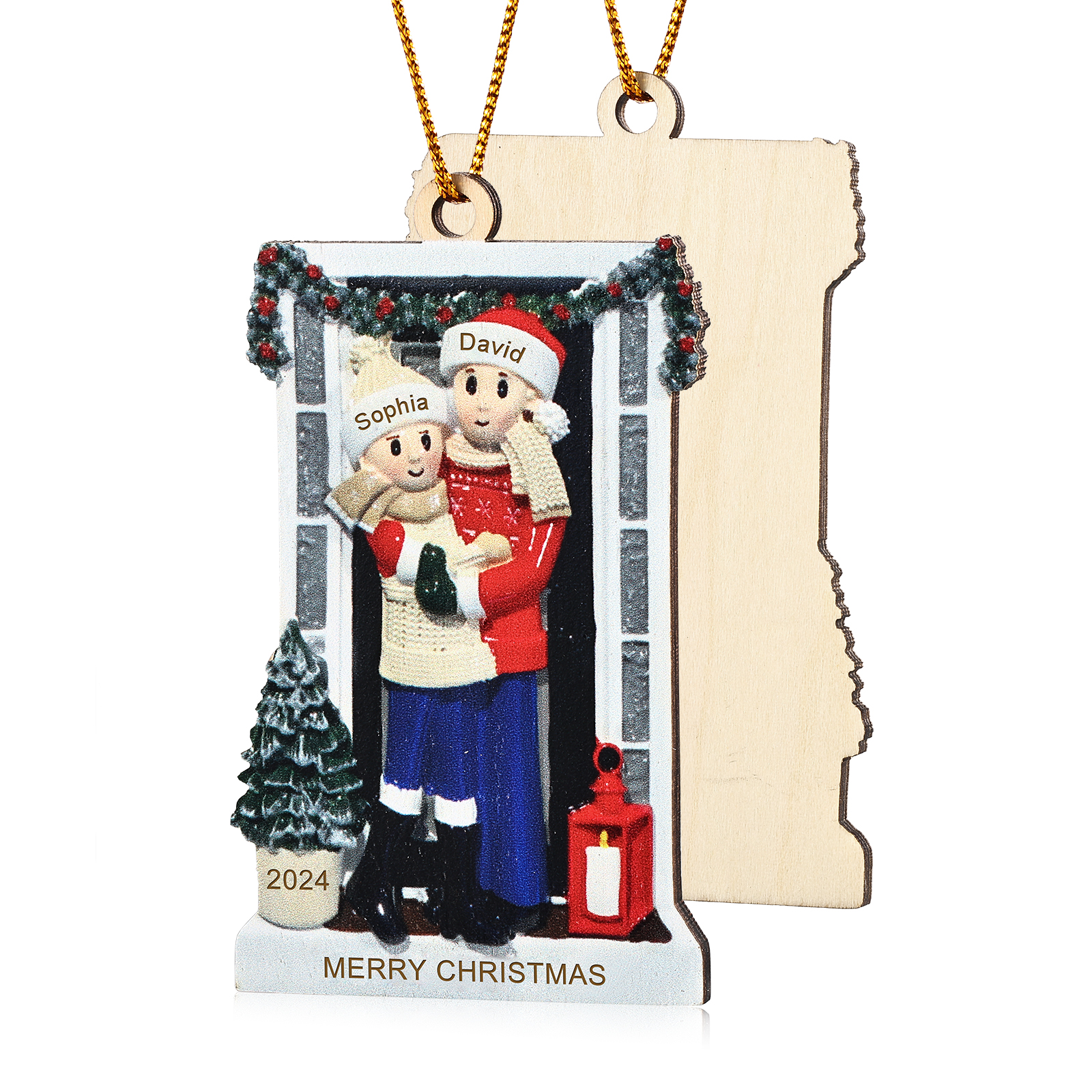 Holz Weihnachtsornament-Personalisierte 2-6 Namen & Text & Jahr Familie vor weihnachtlich geschmückter Haustür Weihnachts-Anhänger