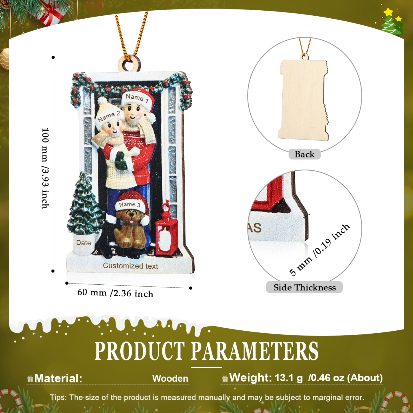 Holz Weihnachtsornament-Personalisierte 2-6 Namen & Text & Jahr Familie vor weihnachtlich geschmückter Haustür Weihnachts-Anhänger
