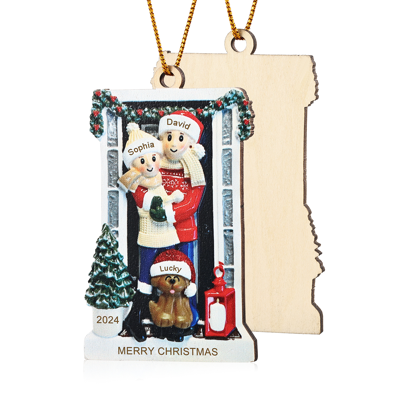 Holz Weihnachtsornament-Personalisierte 2-6 Namen & Text & Jahr Familie vor weihnachtlich geschmückter Haustür Weihnachts-Anhänger