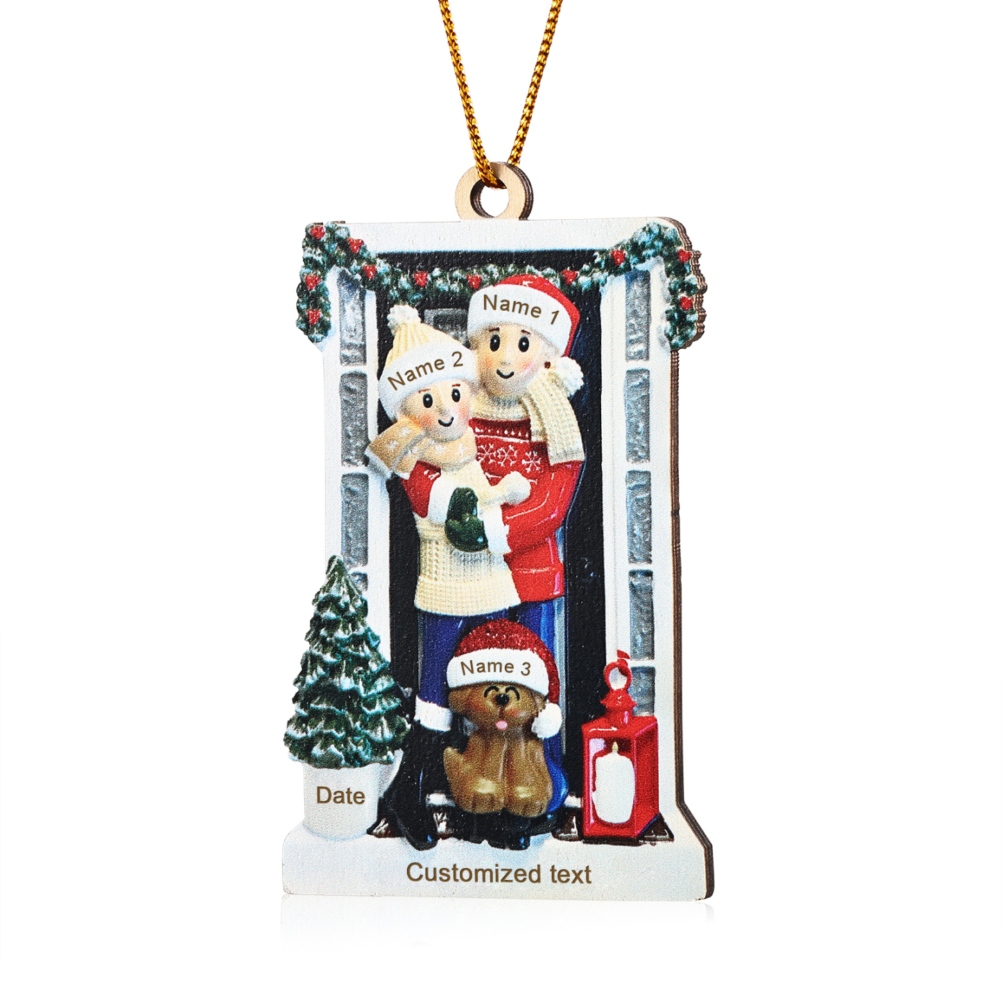 Holz Weihnachtsornament-Personalisierte 2-6 Namen & Text & Jahr Familie vor weihnachtlich geschmückter Haustür Weihnachts-Anhänger