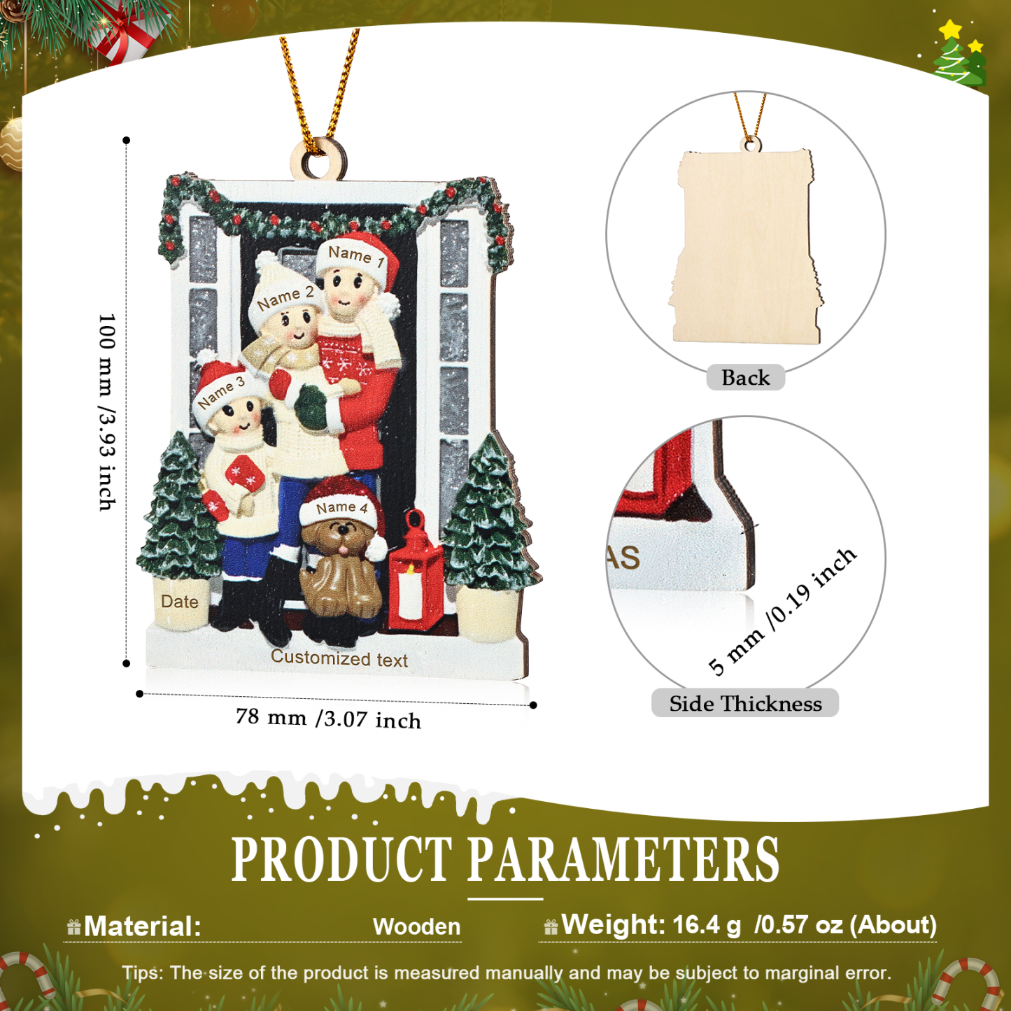 Holz Weihnachtsornament-Personalisierte 2-6 Namen & Text & Jahr Familie vor weihnachtlich geschmückter Haustür Weihnachts-Anhänger