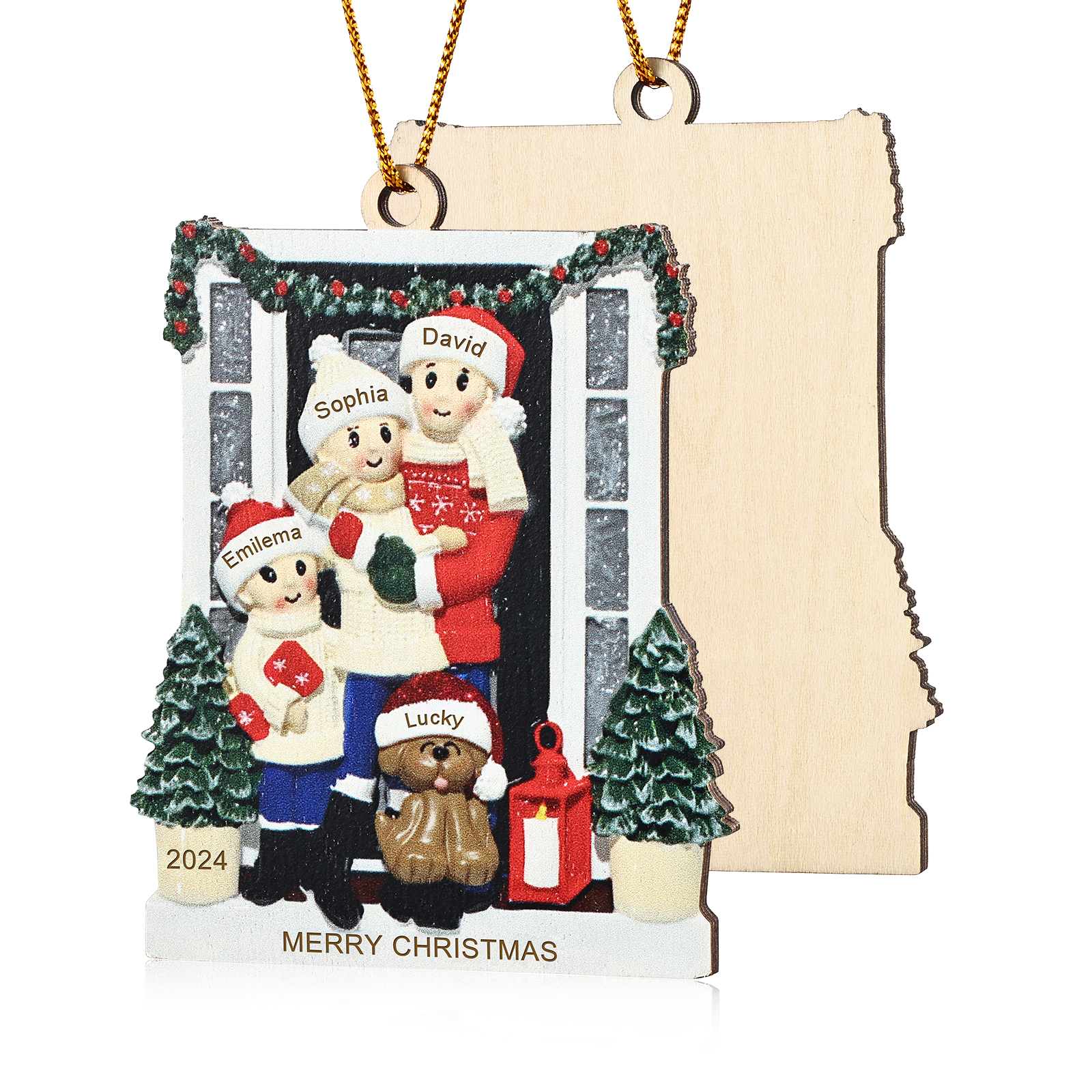 Holz Weihnachtsornament-Personalisierte 2-6 Namen & Text & Jahr Familie vor weihnachtlich geschmückter Haustür Weihnachts-Anhänger