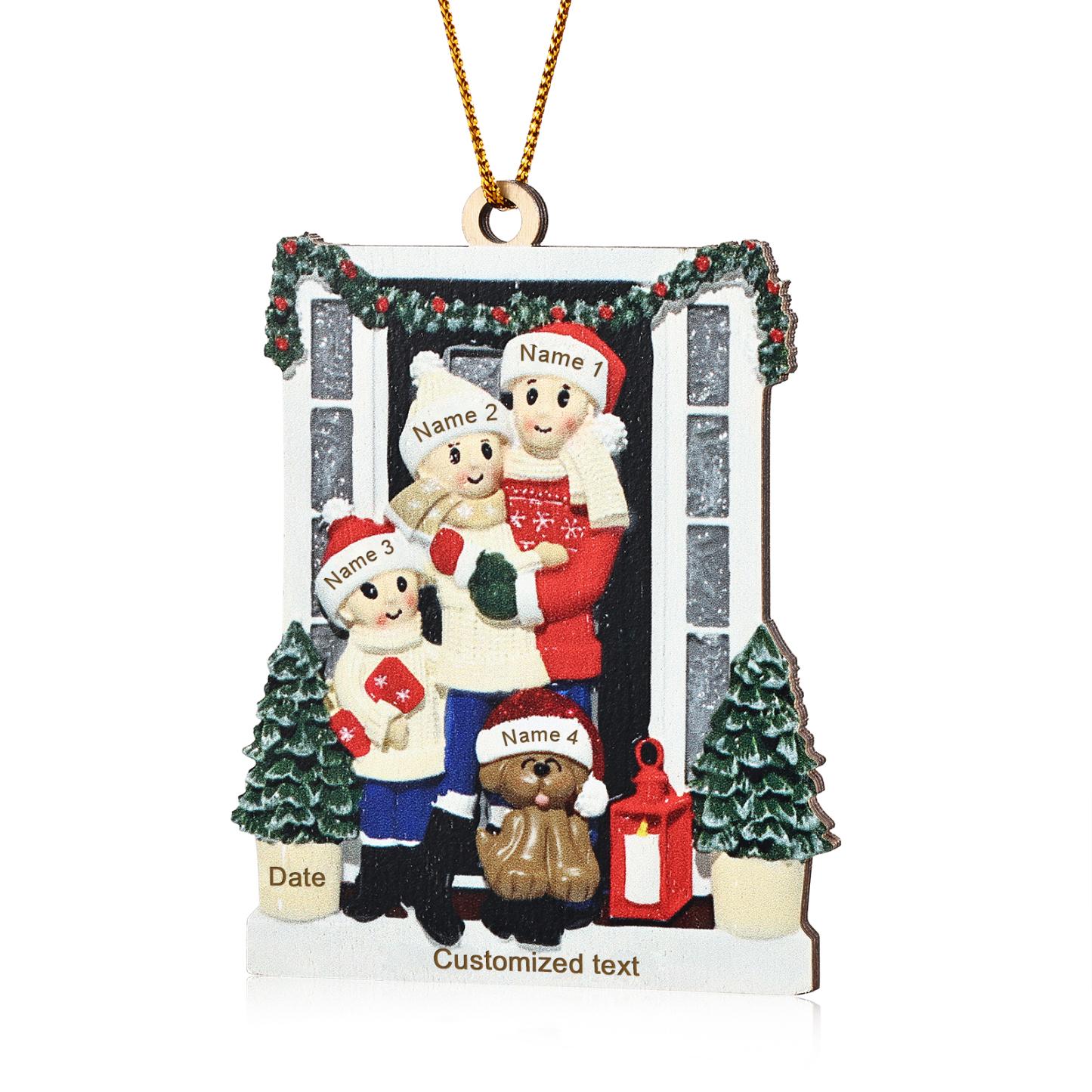 Holz Weihnachtsornament-Personalisierte 2-6 Namen & Text & Jahr Familie vor weihnachtlich geschmückter Haustür Weihnachts-Anhänger
