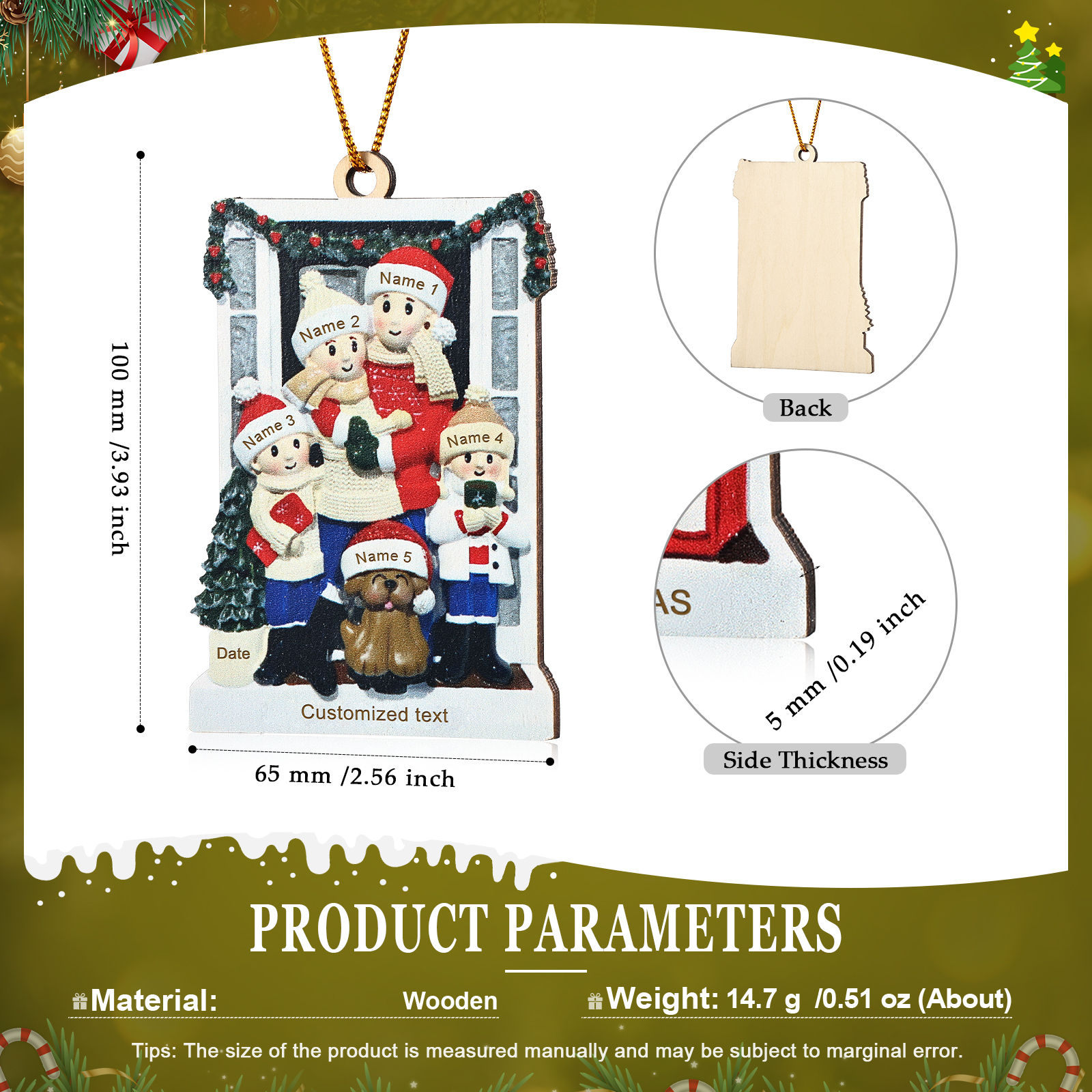 Holz Weihnachtsornament-Personalisierte 2-6 Namen & Text & Jahr Familie vor weihnachtlich geschmückter Haustür Weihnachts-Anhänger