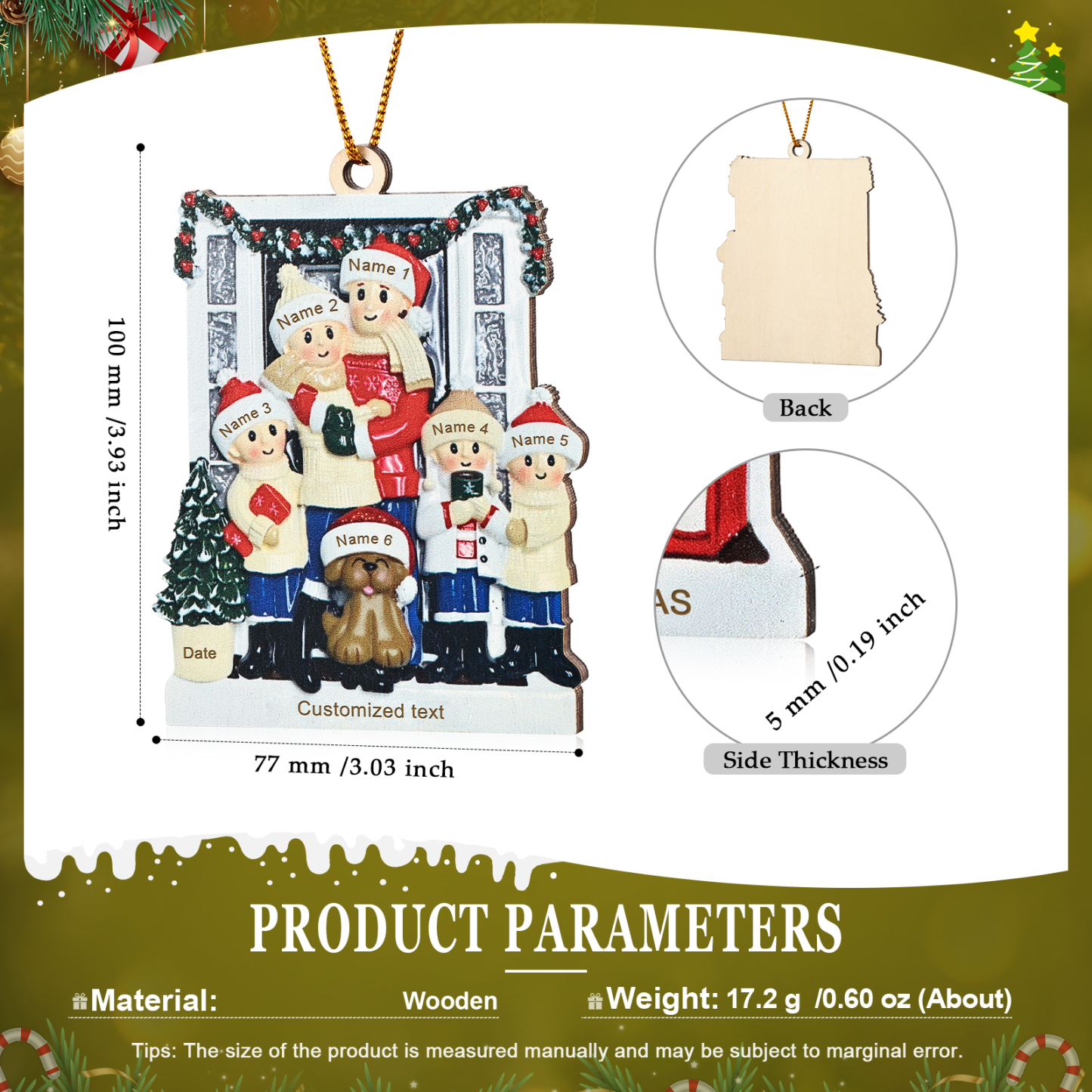 Holz Weihnachtsornament-Personalisierte 2-6 Namen & Text & Jahr Familie vor weihnachtlich geschmückter Haustür Weihnachts-Anhänger