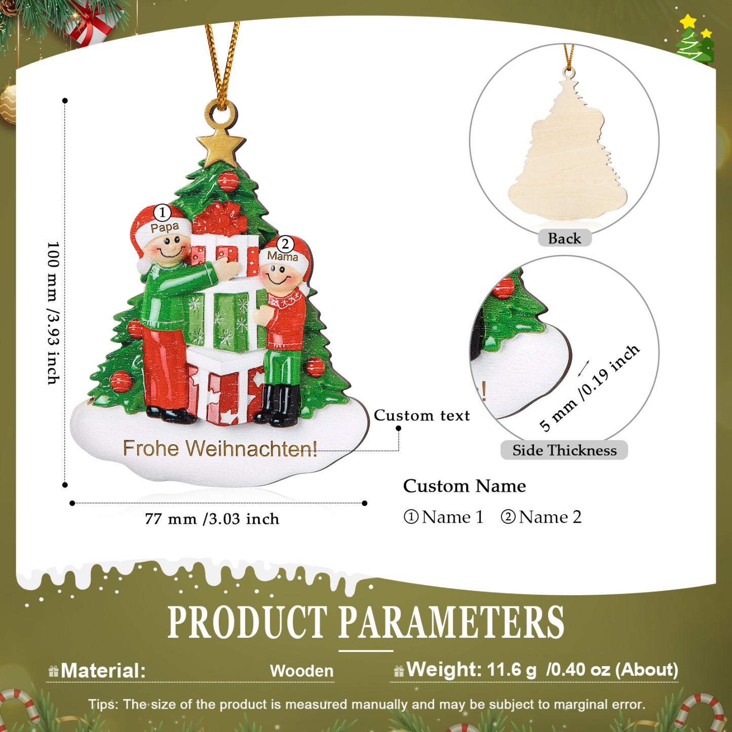 Holz Weihnachtsornament-Personalisiertes 2-5 Namen & Text Familie mit Weihnachtsbaum & Geschenken Weihnachts-Ahhänger