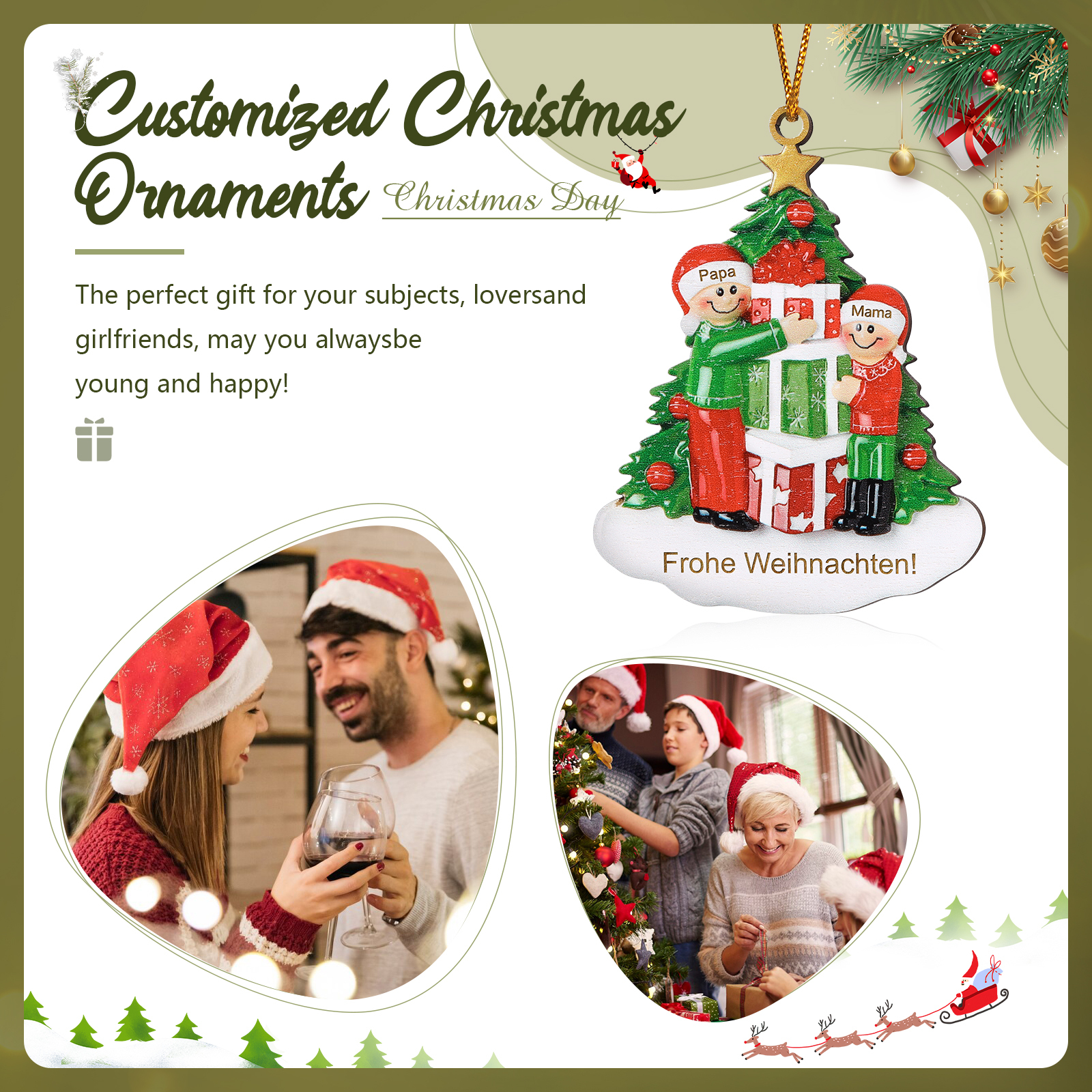 Holz Weihnachtsornament-Personalisiertes 2-5 Namen & Text Familie mit Weihnachtsbaum & Geschenken Weihnachts-Ahhänger 
