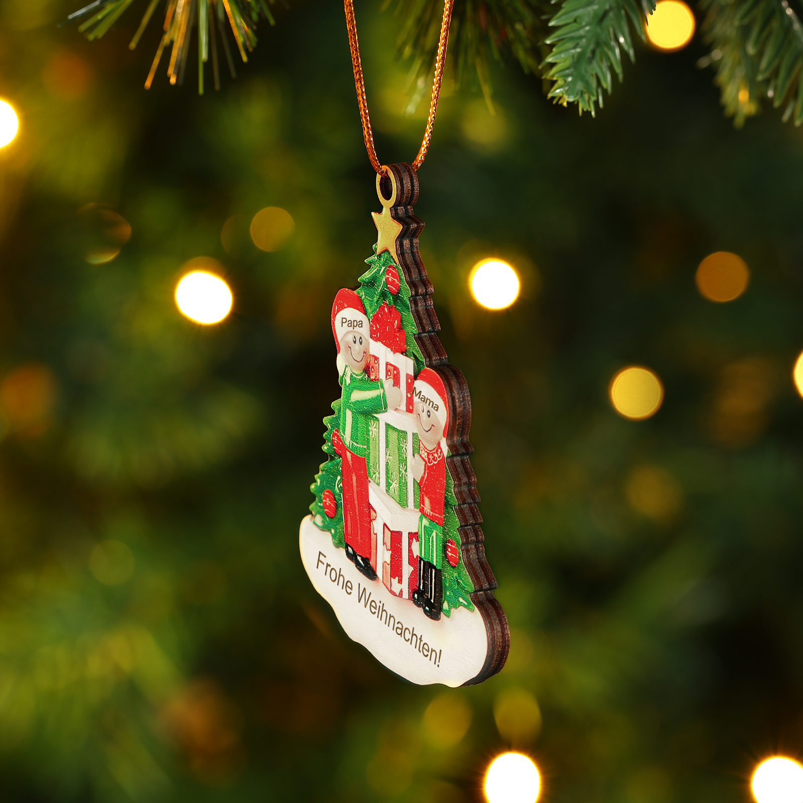 Holz Weihnachtsornament-Personalisiertes 2-5 Namen & Text Familie mit Weihnachtsbaum & Geschenken Weihnachts-Ahhänger