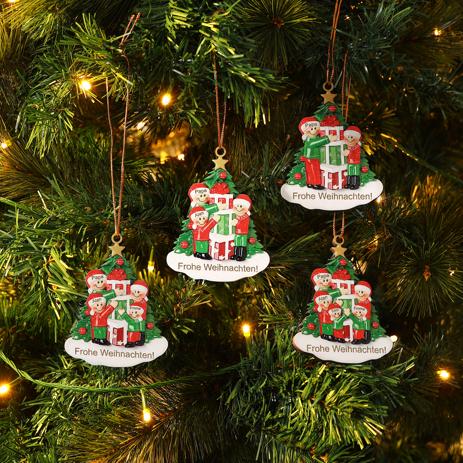 Holz Weihnachtsornament-Personalisiertes 2-5 Namen & Text Familie mit Weihnachtsbaum & Geschenken Weihnachts-Ahhänger 