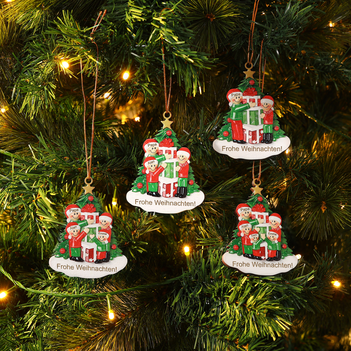 Holz Weihnachtsornament-Personalisiertes 2-5 Namen & Text Familie mit Weihnachtsbaum & Geschenken Weihnachts-Ahhänger