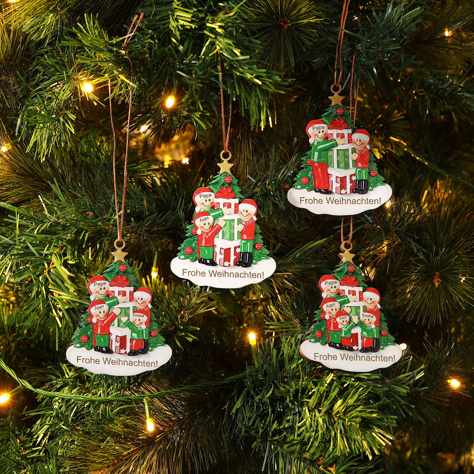 Holz Weihnachtsornament-Personalisiertes 2-5 Namen & Text Familie mit Weihnachtsbaum & Geschenken Weihnachts-Ahhänger 