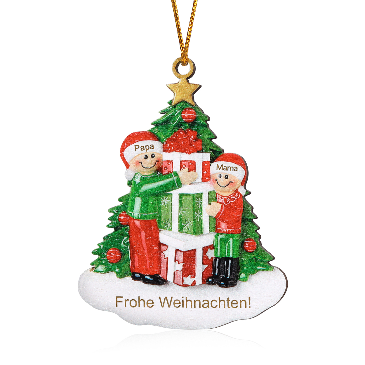 Holz Weihnachtsornament-Personalisiertes 2-5 Namen & Text Familie mit Weihnachtsbaum & Geschenken Weihnachts-Ahhänger