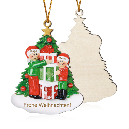 Holz Weihnachtsornament-Personalisiertes 2-5 Namen & Text Familie mit Weihnachtsbaum & Geschenken Weihnachts-Ahhänger 