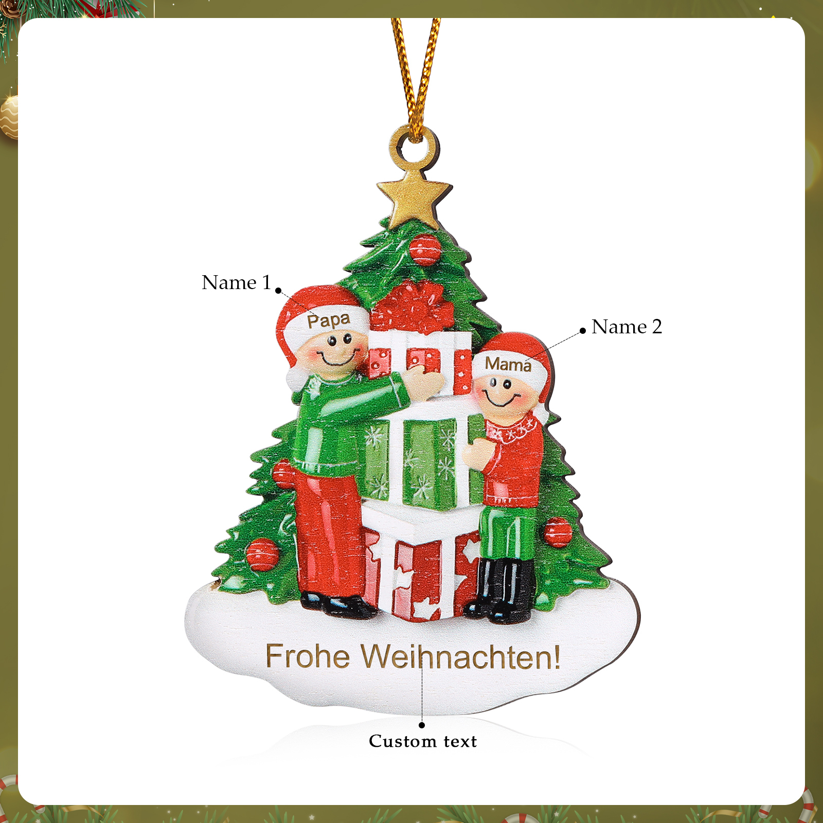 Holz Weihnachtsornament-Personalisiertes 2-5 Namen & Text Familie mit Weihnachtsbaum & Geschenken Weihnachts-Ahhänger 