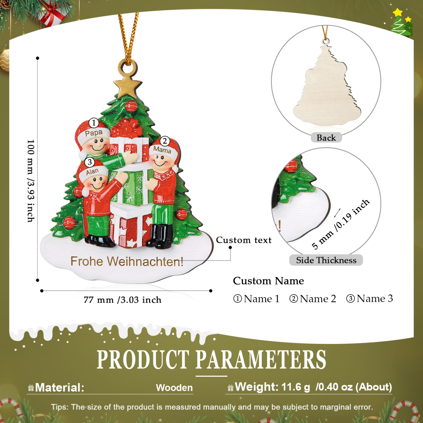 Holz Weihnachtsornament-Personalisiertes 2-5 Namen & Text Familie mit Weihnachtsbaum & Geschenken Weihnachts-Ahhänger