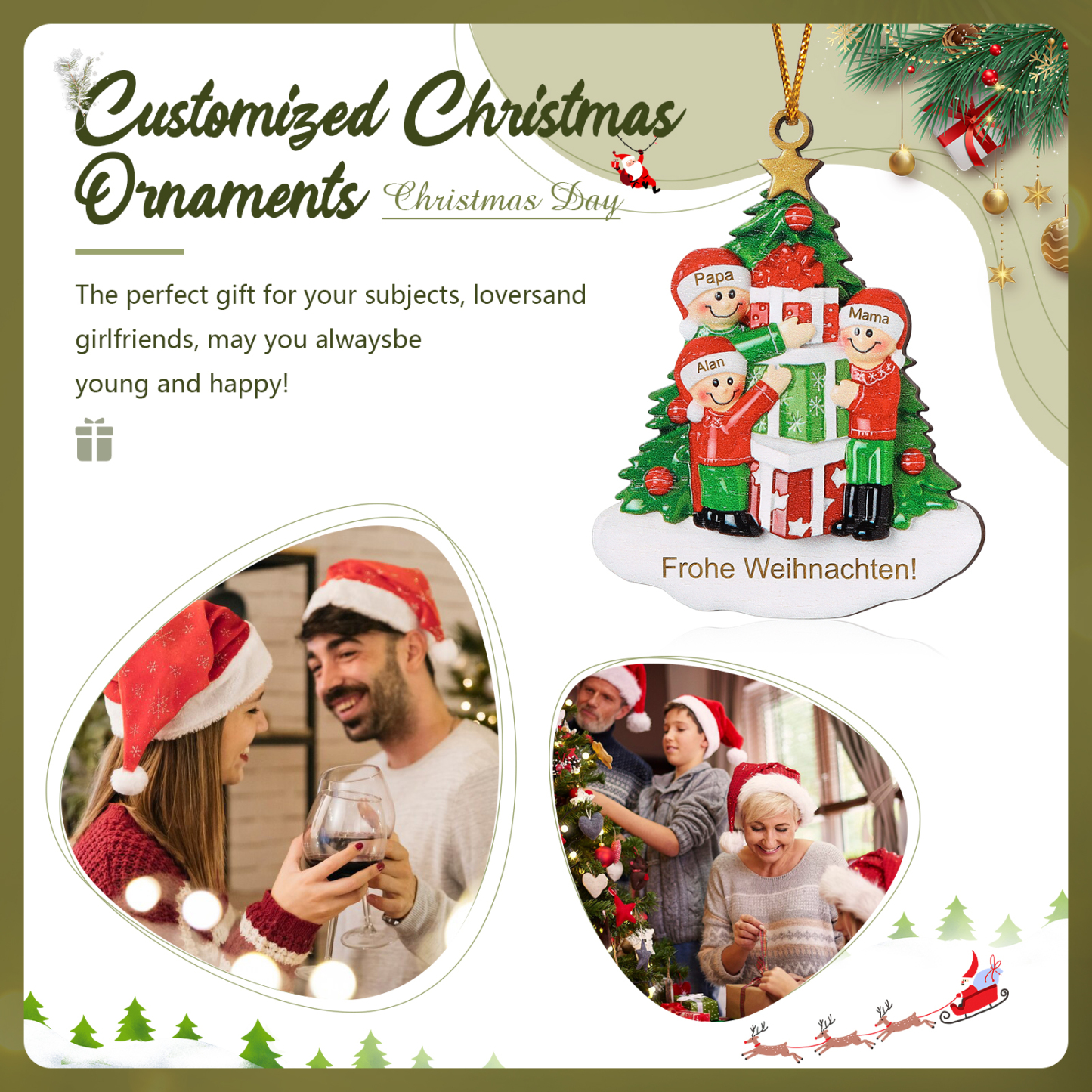 Holz Weihnachtsornament-Personalisiertes 2-5 Namen & Text Familie mit Weihnachtsbaum & Geschenken Weihnachts-Ahhänger