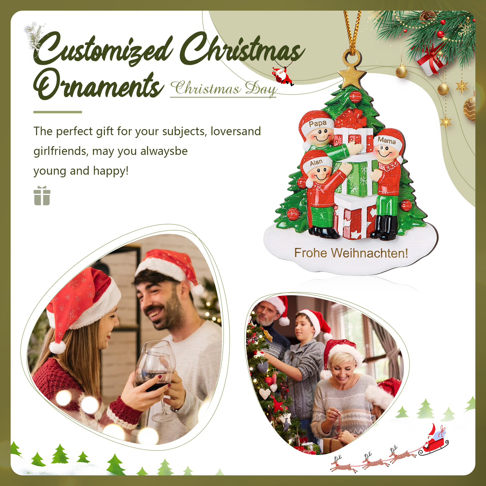 Holz Weihnachtsornament-Personalisiertes 2-5 Namen & Text Familie mit Weihnachtsbaum & Geschenken Weihnachts-Ahhänger 