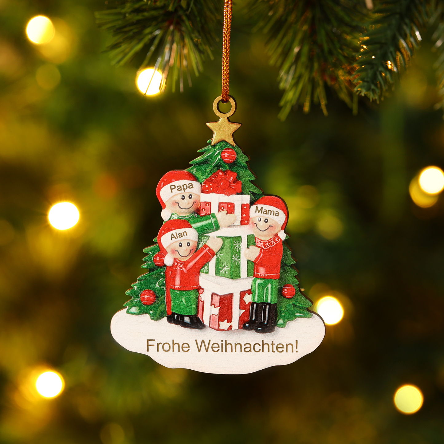 Holz Weihnachtsornament-Personalisiertes 2-5 Namen & Text Familie mit Weihnachtsbaum & Geschenken Weihnachts-Ahhänger
