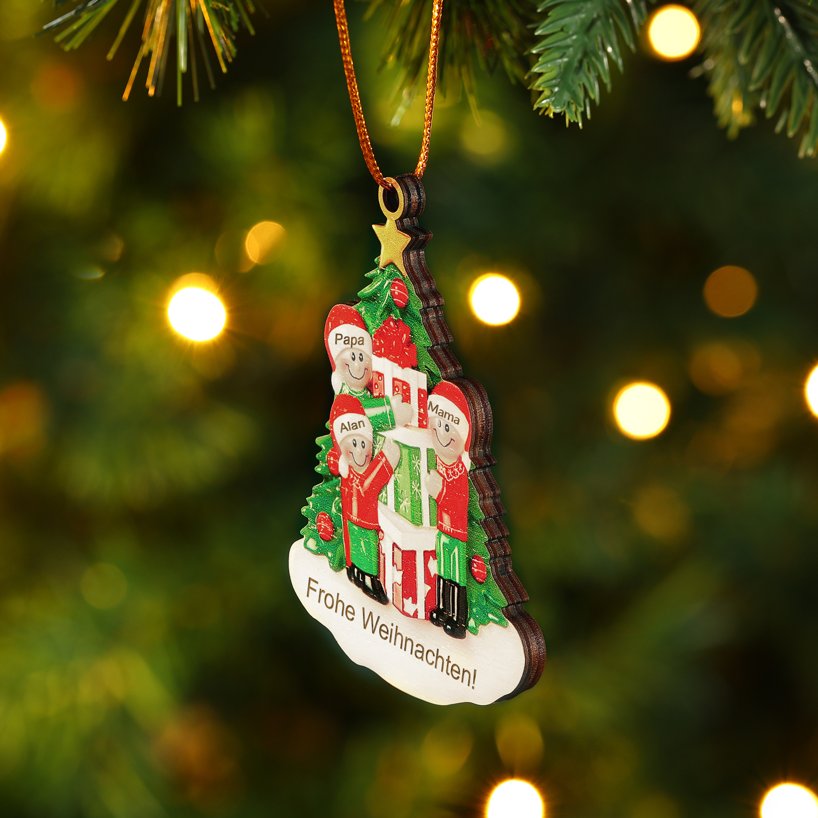 Holz Weihnachtsornament-Personalisiertes 2-5 Namen & Text Familie mit Weihnachtsbaum & Geschenken Weihnachts-Ahhänger 