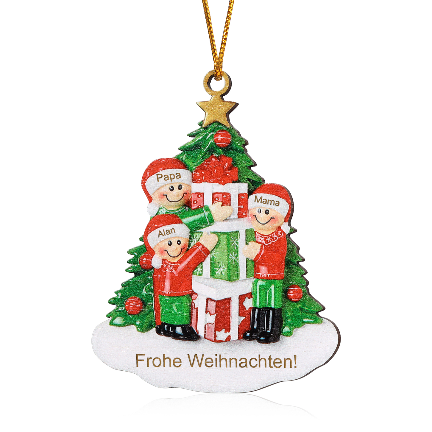 Holz Weihnachtsornament-Personalisiertes 2-5 Namen & Text Familie mit Weihnachtsbaum & Geschenken Weihnachts-Ahhänger