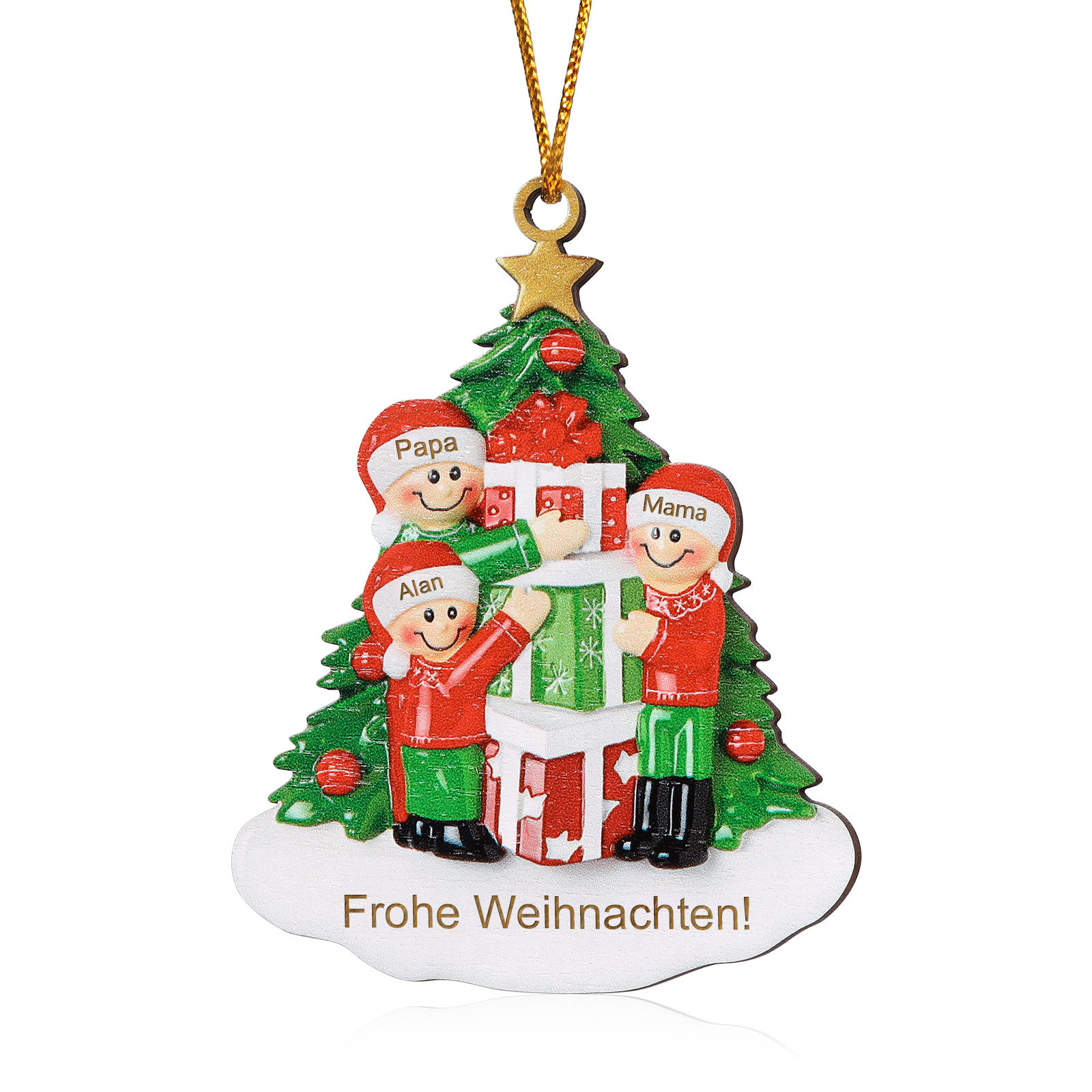 Holz Weihnachtsornament-Personalisiertes 2-5 Namen & Text Familie mit Weihnachtsbaum & Geschenken Weihnachts-Ahhänger